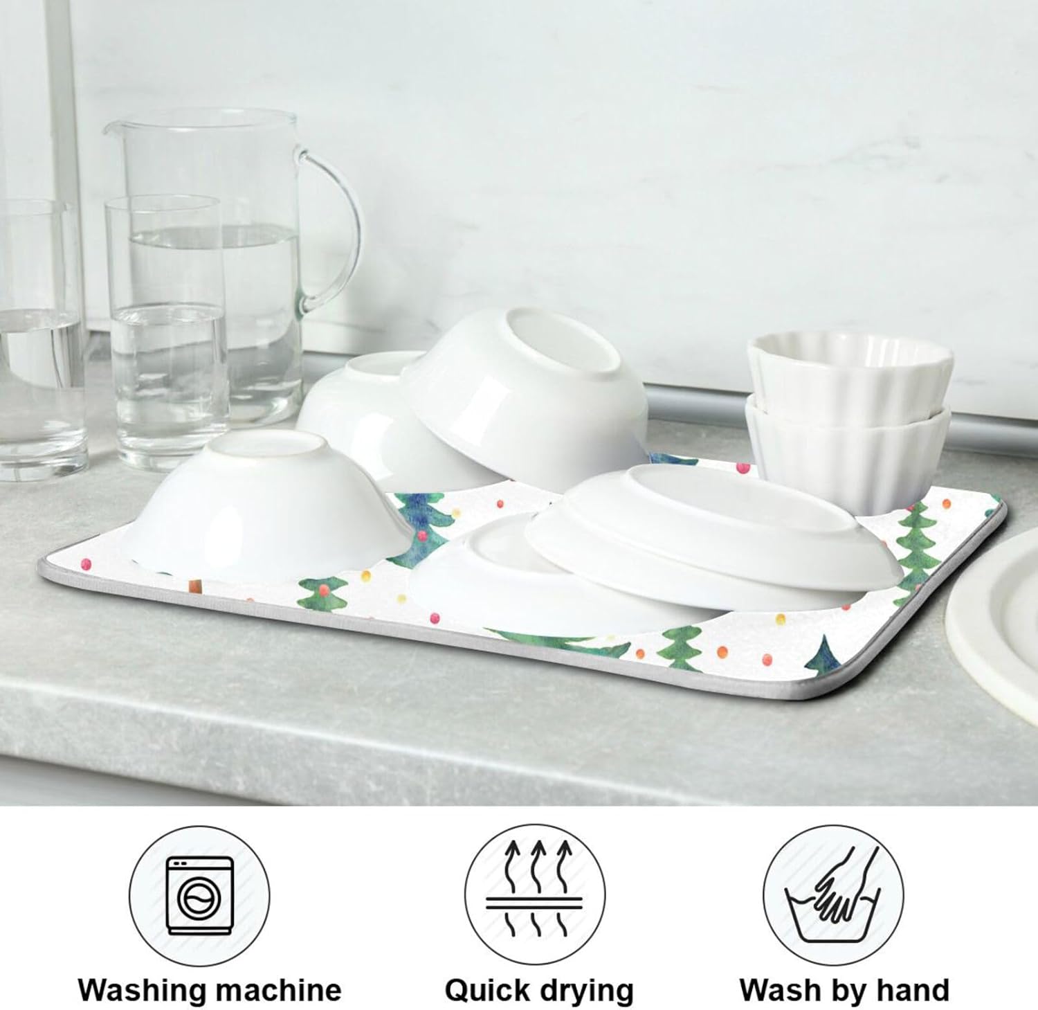 Green Trees Ball Drying Dish Mat Washnable Absorbent Drying Mat Kitchen Counter Drainer Mat Tapete Para Cocina 16” x 18”