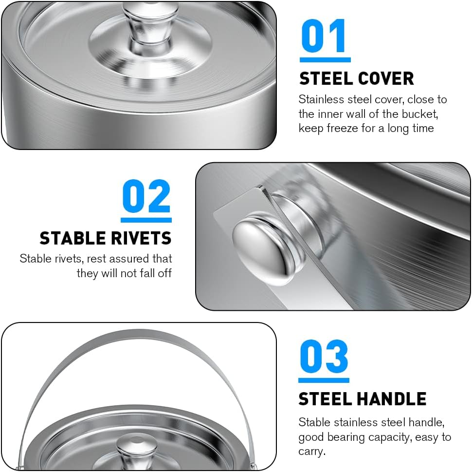 3L Double Wall Stainless Steel Ice Bucket with Lid,Scoop,Tongs, Insulated Ice Bucket for Cocktail Bar and Parties