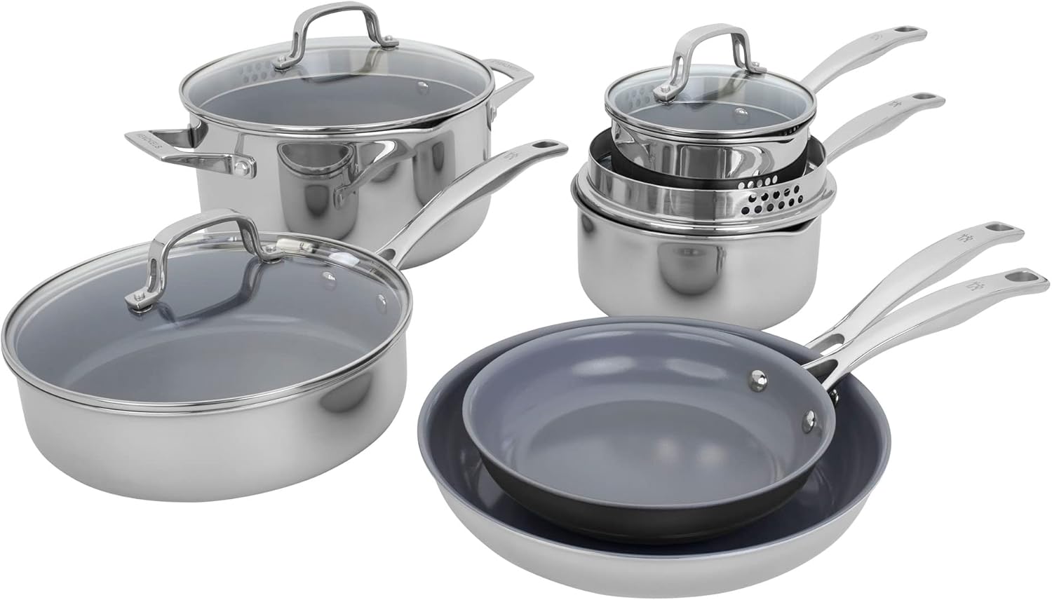 HENCKELS Clad H3 – Juego de ollas y sartenes antiadherentes de cerámica de inducción, acero inoxidable, duradero y fácil de limpiar