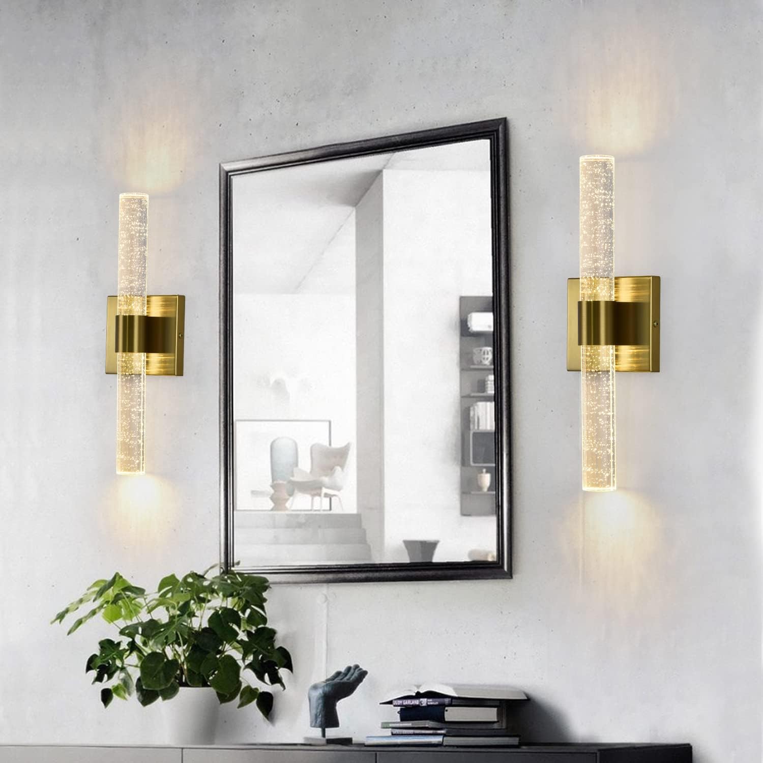 Juego de 2 apliques de pared dorados con luces LED de cristal para tocador de baño, paquete de 2 apliques de cristal modernos para montaje en pared