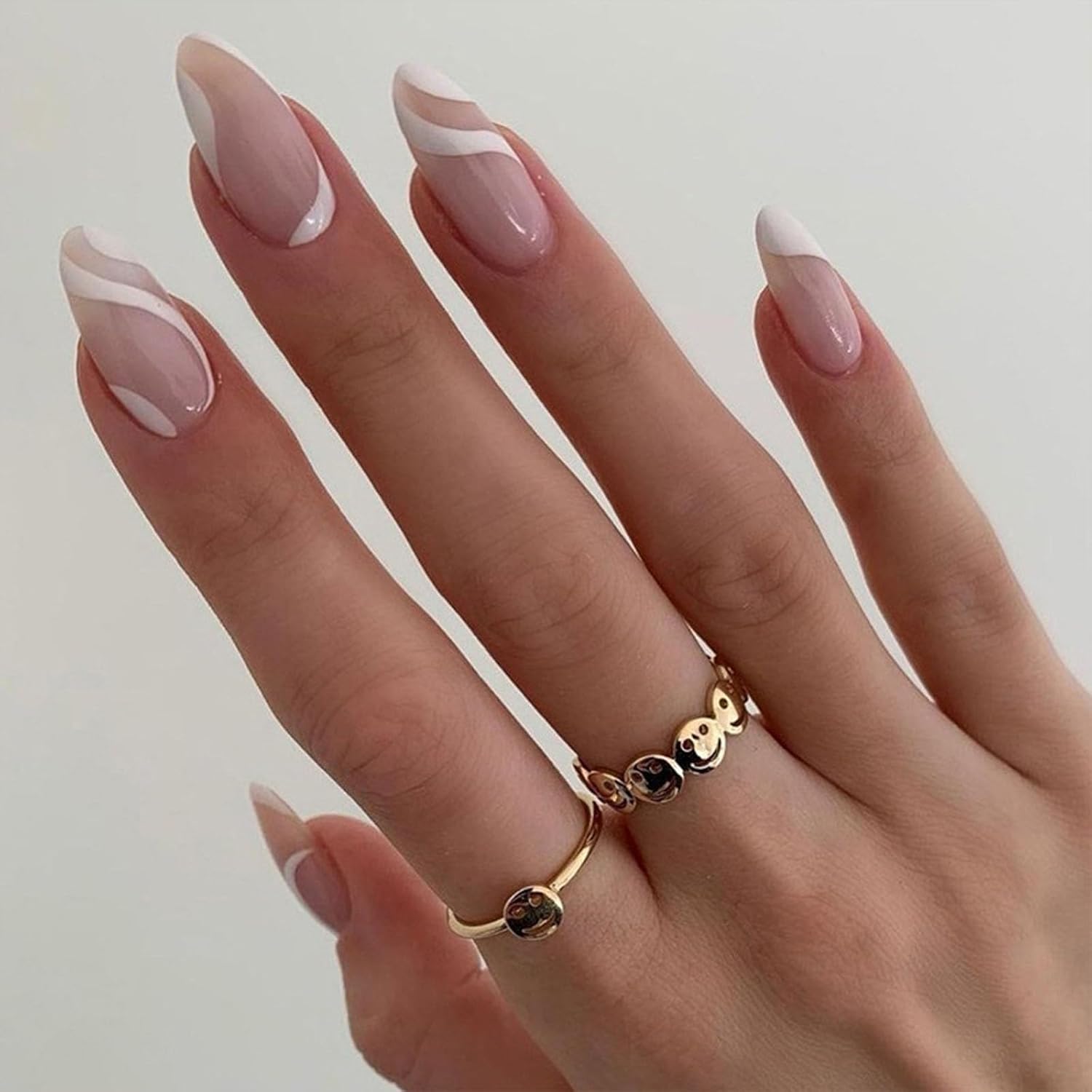 Uñas postizas a presión de longitud media almendra, uñas postizas de línea blanca con diseños geométricos irregulares, uñas adhesivas de cobertura