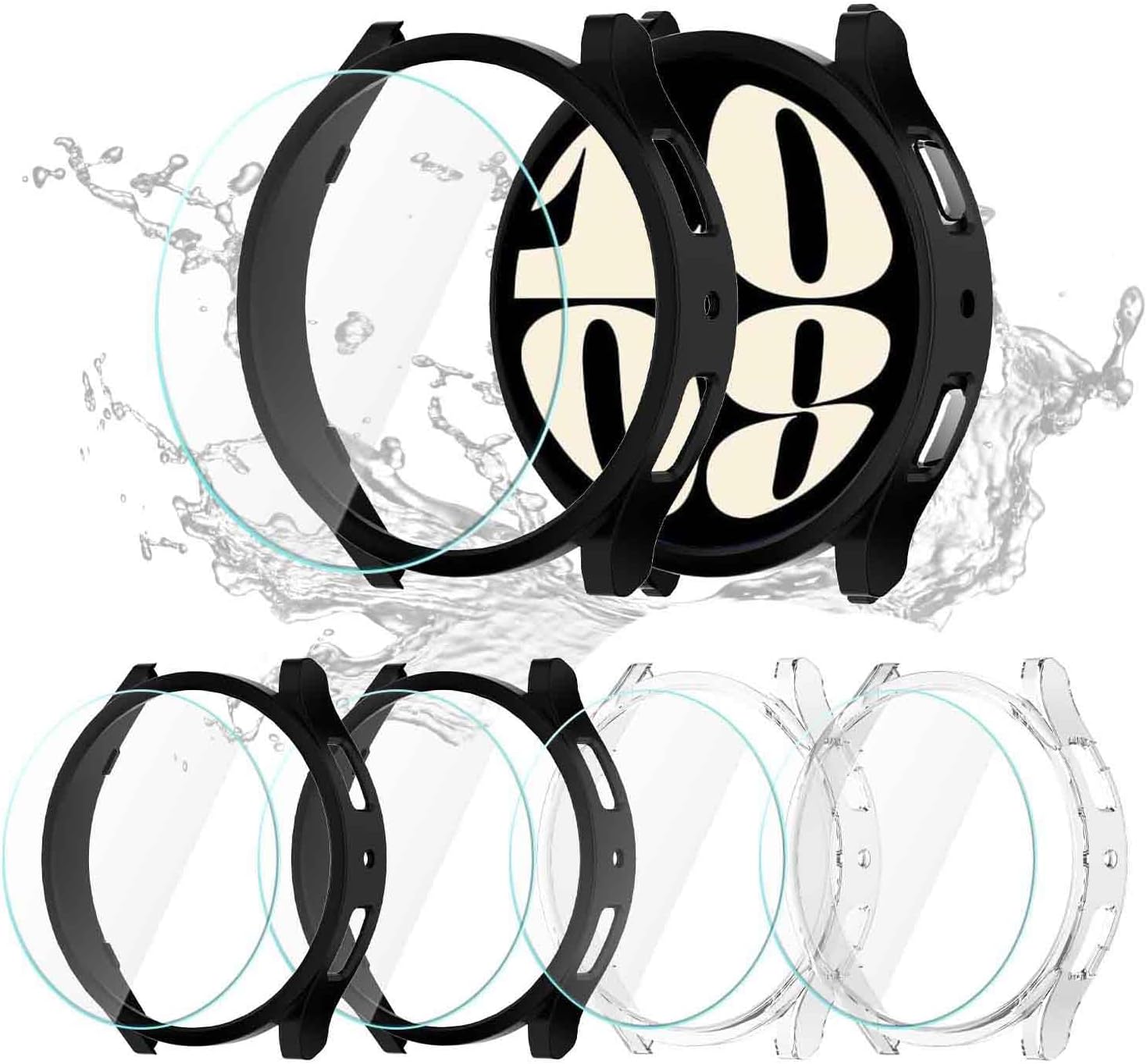 Cuteey Paquete de 4 + 4 fundas protectoras de pantalla para Samsung Galaxy Watch 6 de 1.575 pulgadas, cubierta rígida de policarbonato con película