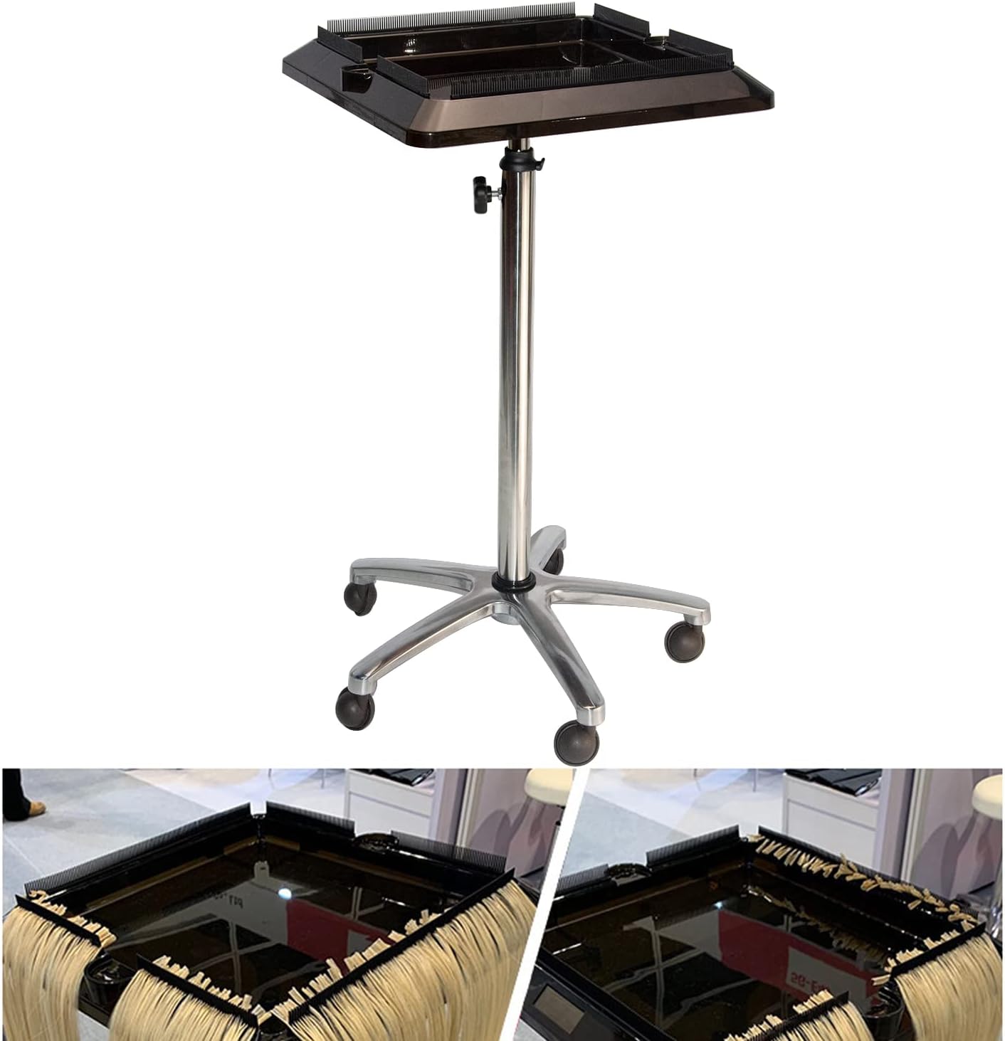 yeshine Bandeja de herramientas de extensión de cabello, carrito para estilista, bandeja de salón rodante mejorada, bandeja de aluminio ajustable en