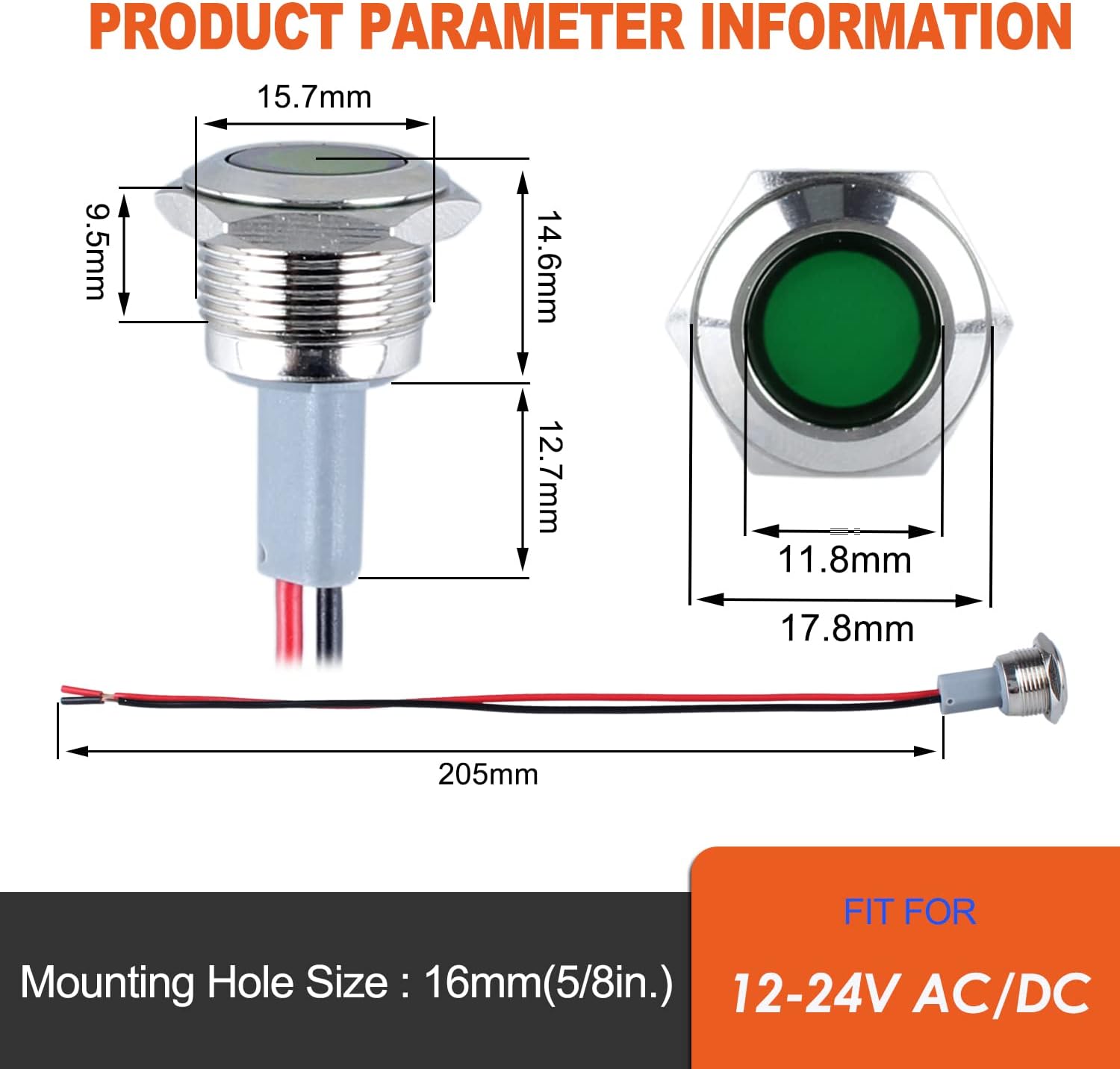 DMWD 2 luces indicadoras LED de 0.630 in (58 pulgadas), 12-24 V ACDC 20 mA ahorro de energía, impermeable, IP67, lámpara piloto LED, cabeza plana