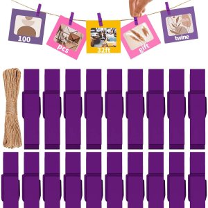Mini alfileres para fotos, pinzas de color morado, paquete de 100 clips de madera arcoíris coloridos con cuerda de 32 pies para manualidades, baby Mini alfileres para fotos, pinzas de color morado, paquete de 100 clips de madera arcoíris coloridos con cuerda de 32 pies para manualidades, baby