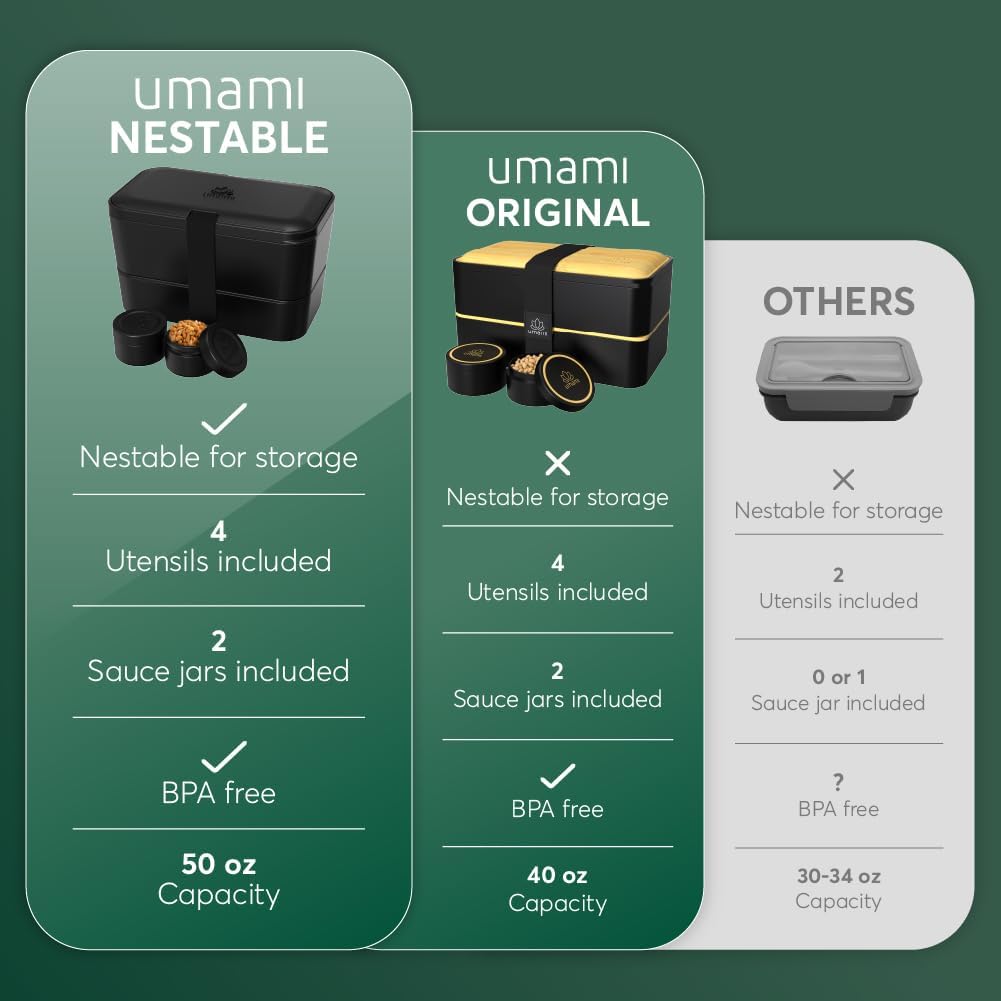 Umami Caja Bento para adultos con 4 utensilios, 2 divisores y 2 tarros de salsa, fácil de limpiar y 100% a prueba de fugas, apta para microondas y