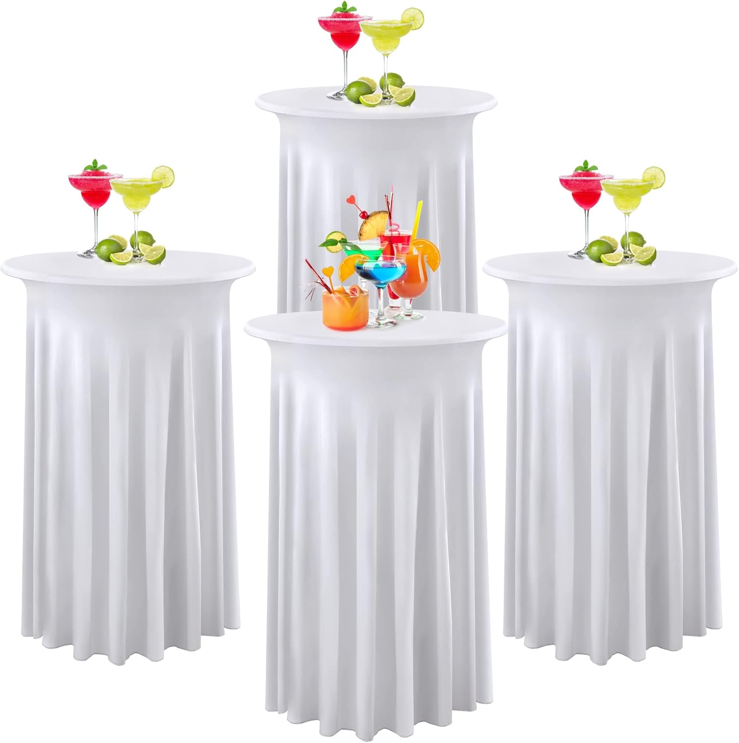 Paquete de 4 manteles redondos blancos de 24 x 43 pulgadas, elásticos, sin arrugas, para cóctel, fiesta, boda, banquete, baby shower, decoración de