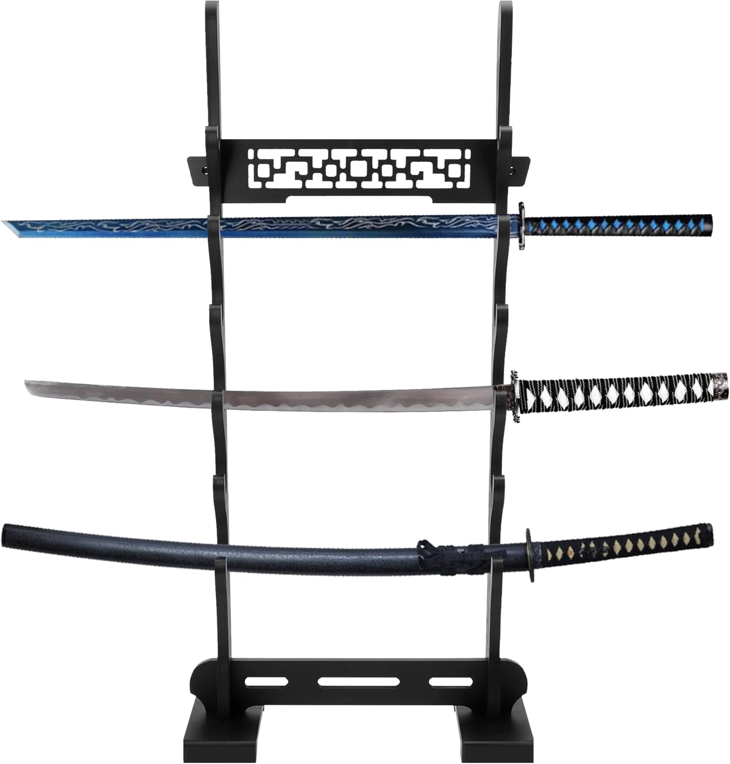 6 Tier Sword Stand Display Floor,Wood Katana Sword Holder,Black Samurai Sword Stand,Sturdy Sword Rack Floor Stand with Classic Hollow Out Pattern