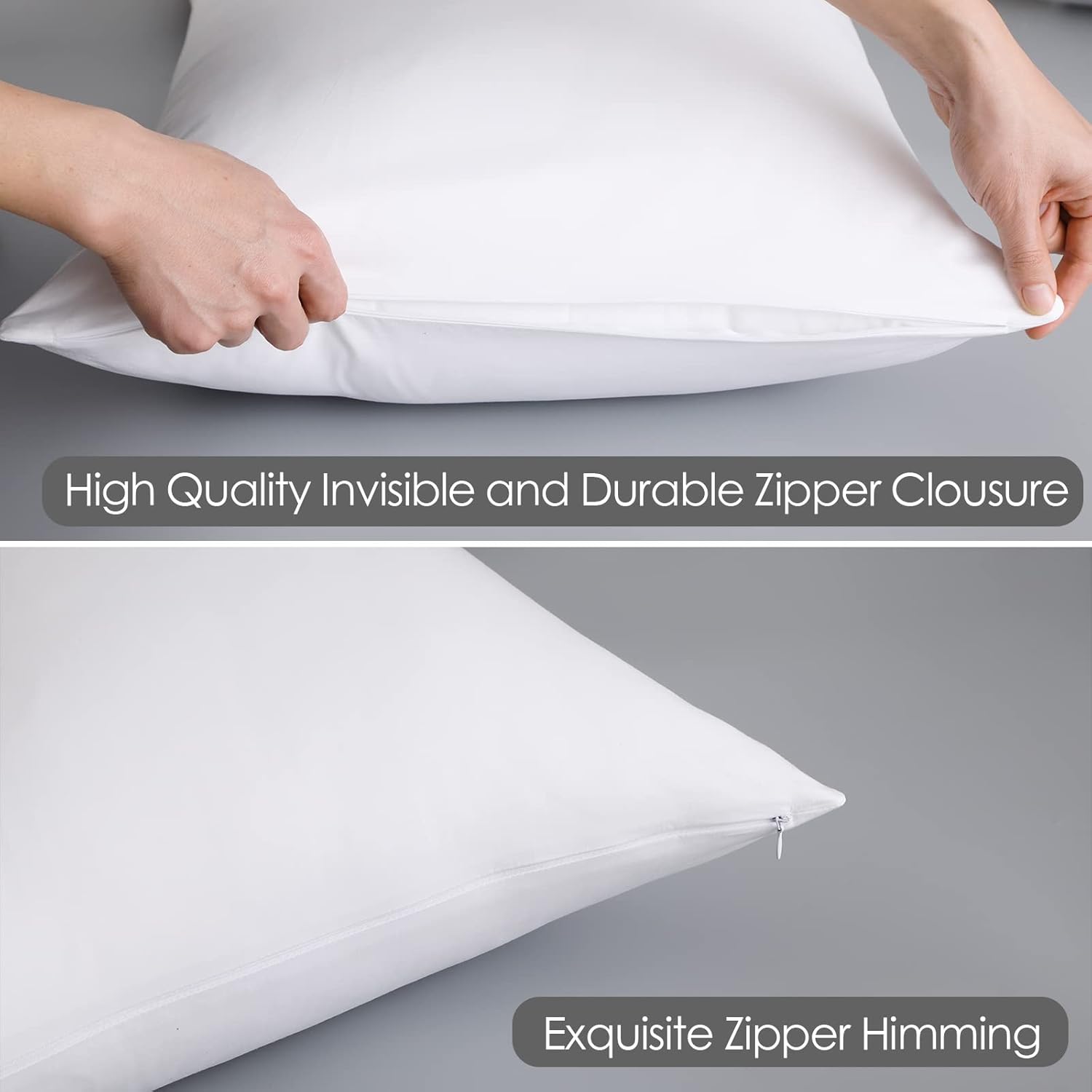 Juego de 4 protectores de almohada 100% de algodón egipcio de 600 hilos tamaño Queen con cremallera, fundas de almohada de tejido satinado,