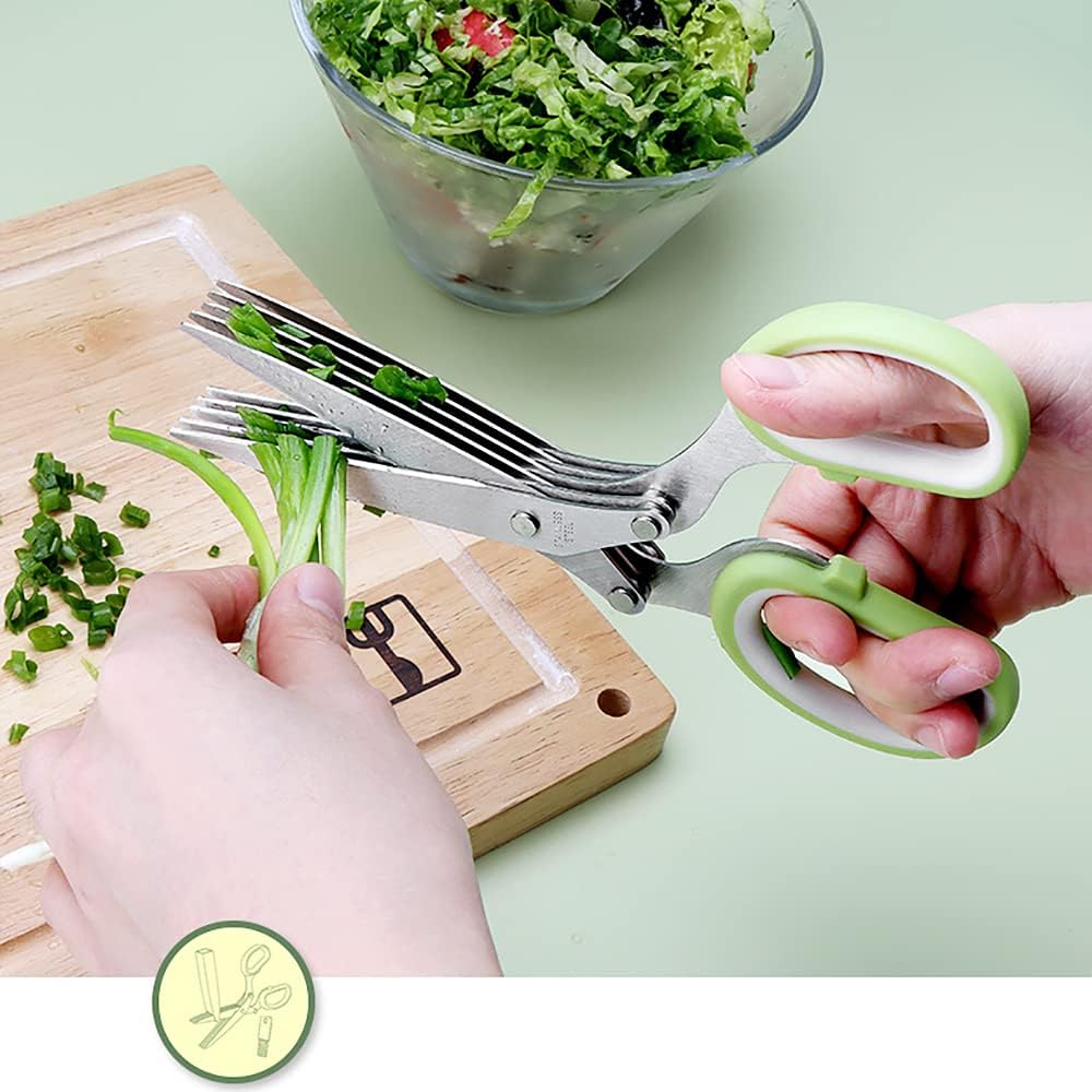 A-XINTONG – Tijeras multicapa de acero inoxidable con cepillo pequeño, para cortar verduras, hierbas, papel triturado, versátil, fácil de usar