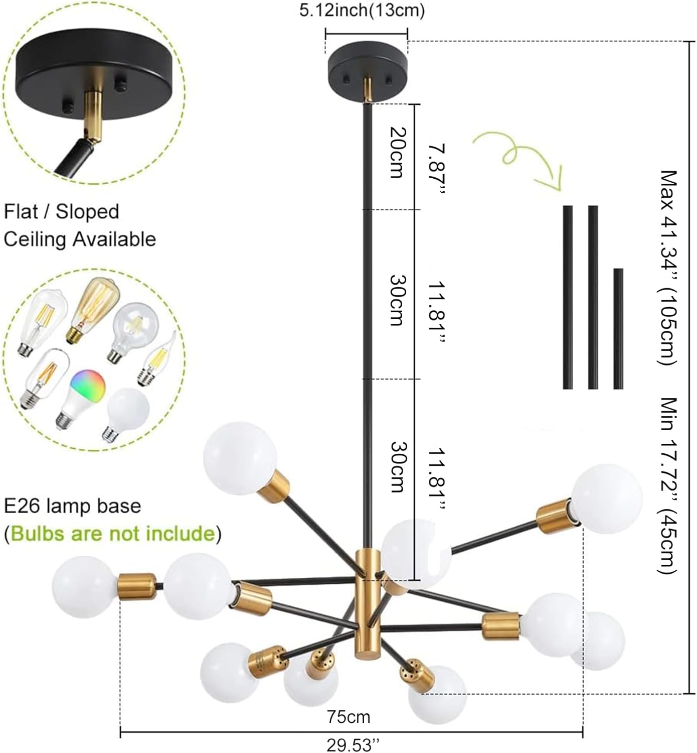 Lámpara de araña moderna Sputnik, lámpara de techo de 10 luces Lamparas de Techo Modernas, lámpara de techo ajustable en altura ajustable de