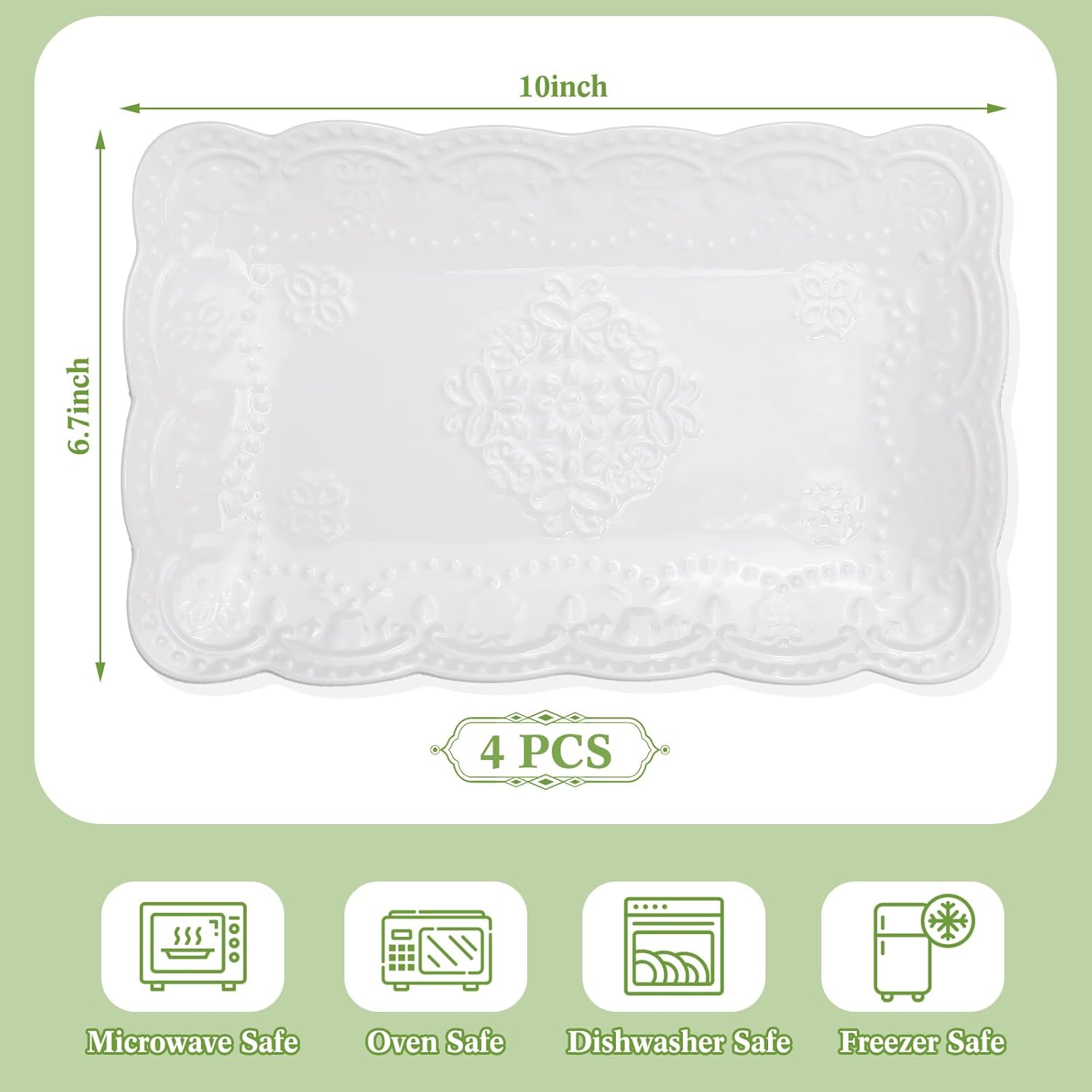 Tioncy 4 platos de porcelana de encaje en relieve de 10 x 6.7 pulgadas, platos rectangulares de cerámica, lindo plato de cena para el hogar, cocina,