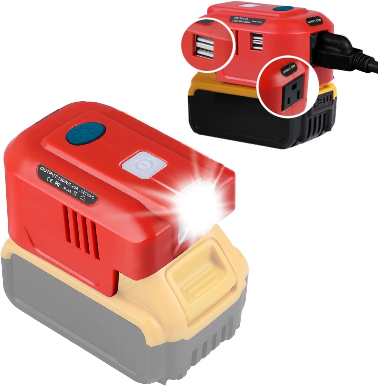 Adaptador de cargador USB Dewalt, para Dewalt inversor alimentado por 150 W, convertidor de 18 V CC a CA 110 V 120 V con luz LED