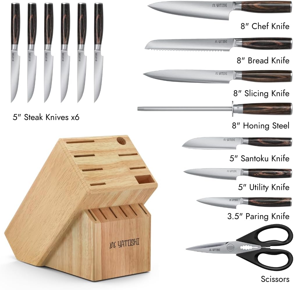 Yatoshi – Juego de 15 cuchillos de acero inoxidable de alto carbono ultra afilado con mango ergonómico