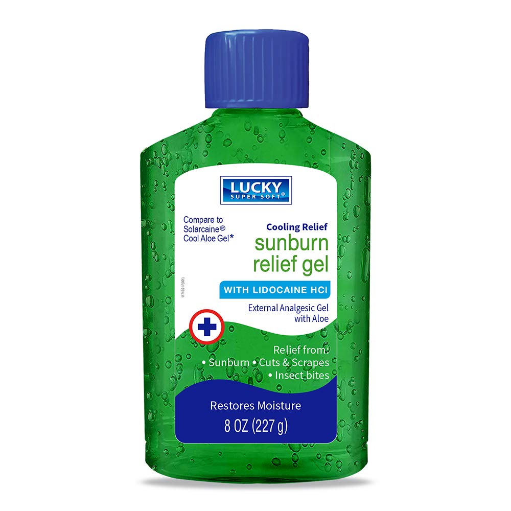 Lucky Super Soft Gel de alivio de quemaduras solares. Tratamiento de dolor, enrojecimiento y picazón. Con aloe vera y lidocaína. 8 onzas  8.01 oz