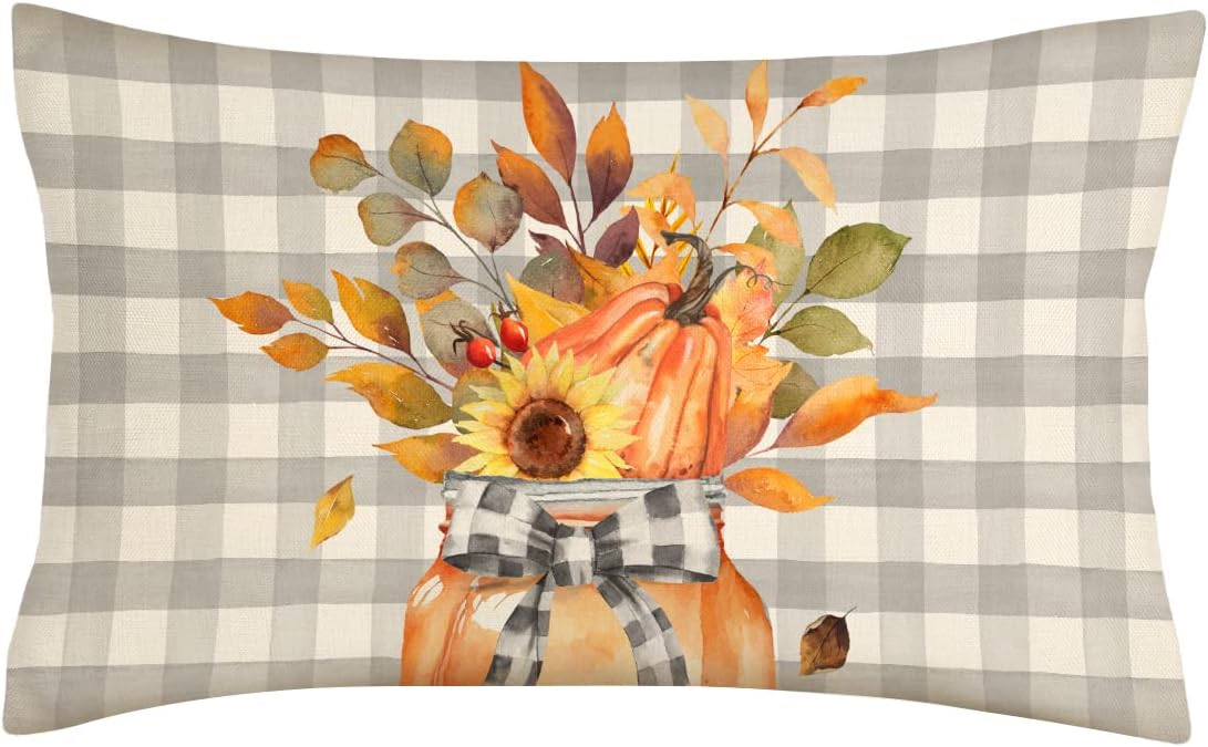 4TH Emotion Funda de almohada lumbar con tarro de hojas de otoño de 12 x 20 pulgadas, decoración de granja de búfalo, calabaza naranja, decoración