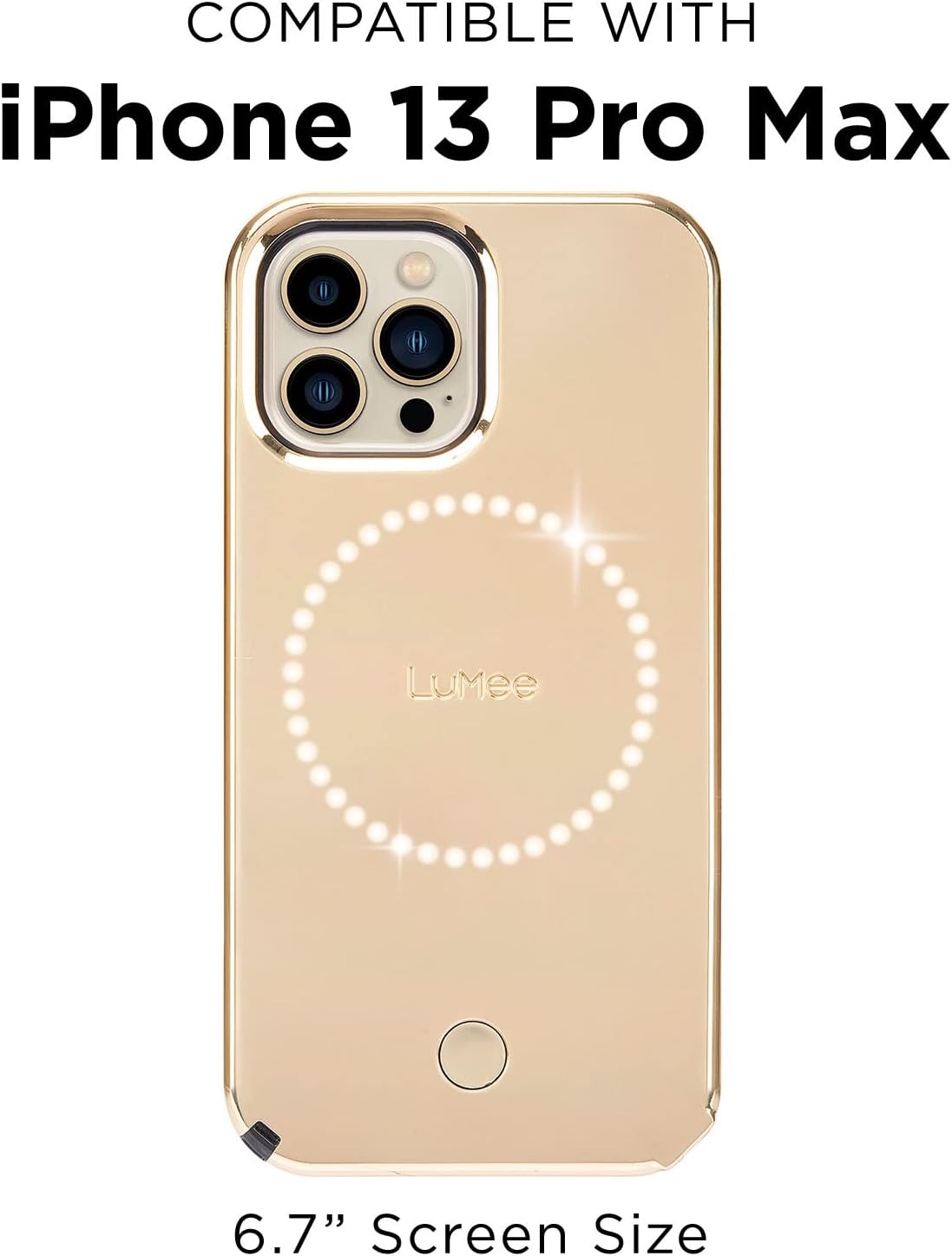 LuMee Halo – Funda iluminada para selfie para iPhone 13 Pro Max – Iluminación LED ajustable incorporada – 6.7 pulgadas – Espejo dorado