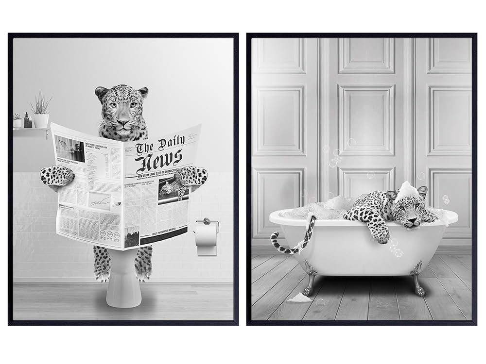 Leopard Print Kids Bathroom Set – Big Cat funny Bathroom Wall Art & Decor – Cute Bathroom Pictures – Restroom Sign – Modern Bathroom Decor for Women