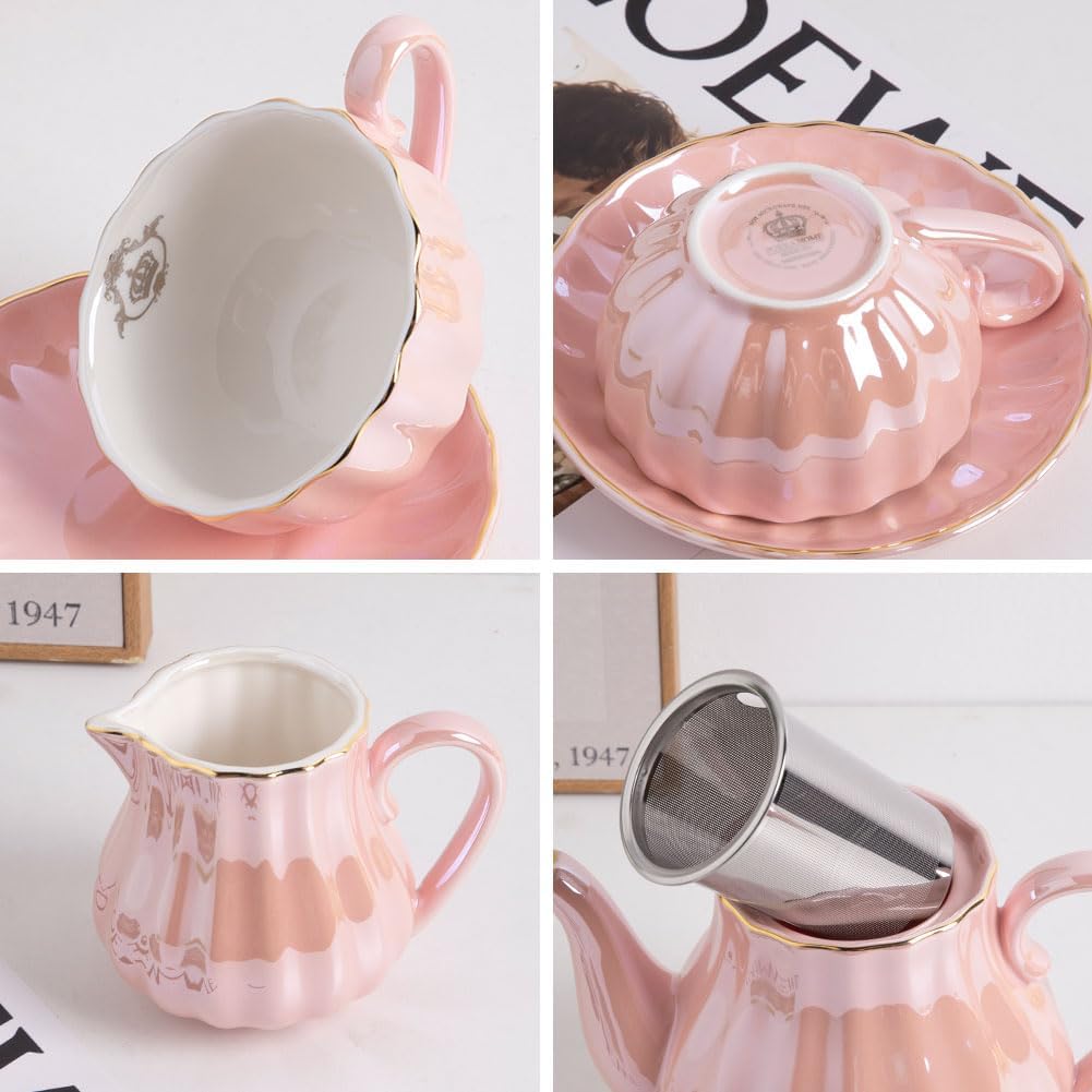 Juegos de té de porcelana de la serie British Royal, tazas y platillo de 8 onzas para 6, con tetera, azucarero, jarra de crema, cucharaditas y