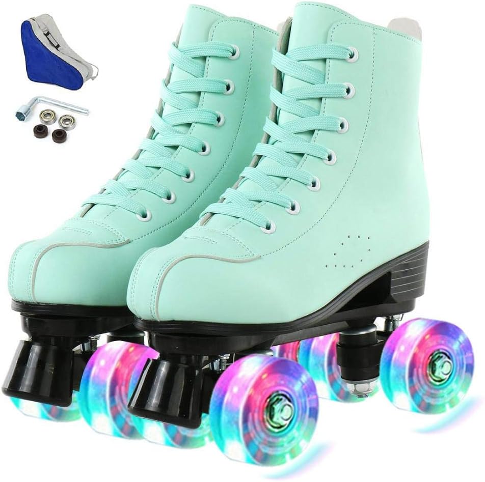 XUDREZ Patines de ruedas para mujeres y hombres, brillantes, de doble fila, cuatro ruedas, patines para mujer con bolsa de zapatos