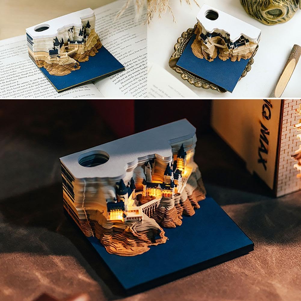 Bloc de notas 3D, arte de papel con luz, castillo 3D, pegatinas de conveniencia, manualidades de tarjetas, bloc de notas originales de bricolaje