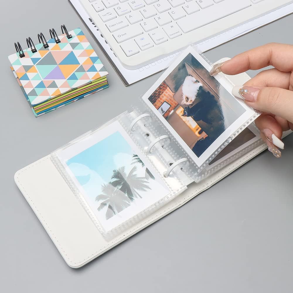 Mini álbum de fotos, soporte para tarjetas de fotos blancas, tarjetas fotográficas Kpop de piel sintética de 3 anillos, álbum de películas de fotos