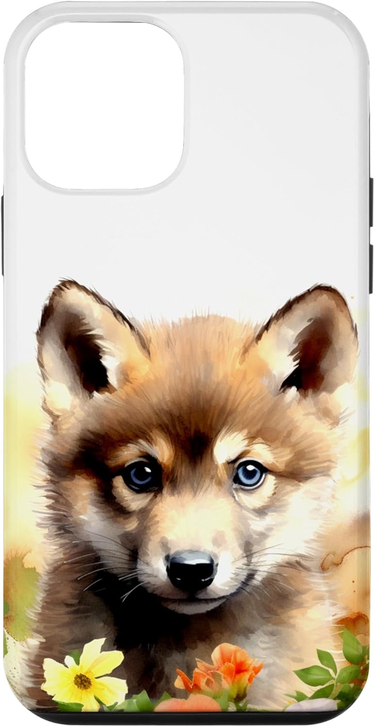 iPhone 12 mini Wolf Cub con flores Baby Wolf Lover Naturaleza Wildlife Design Case