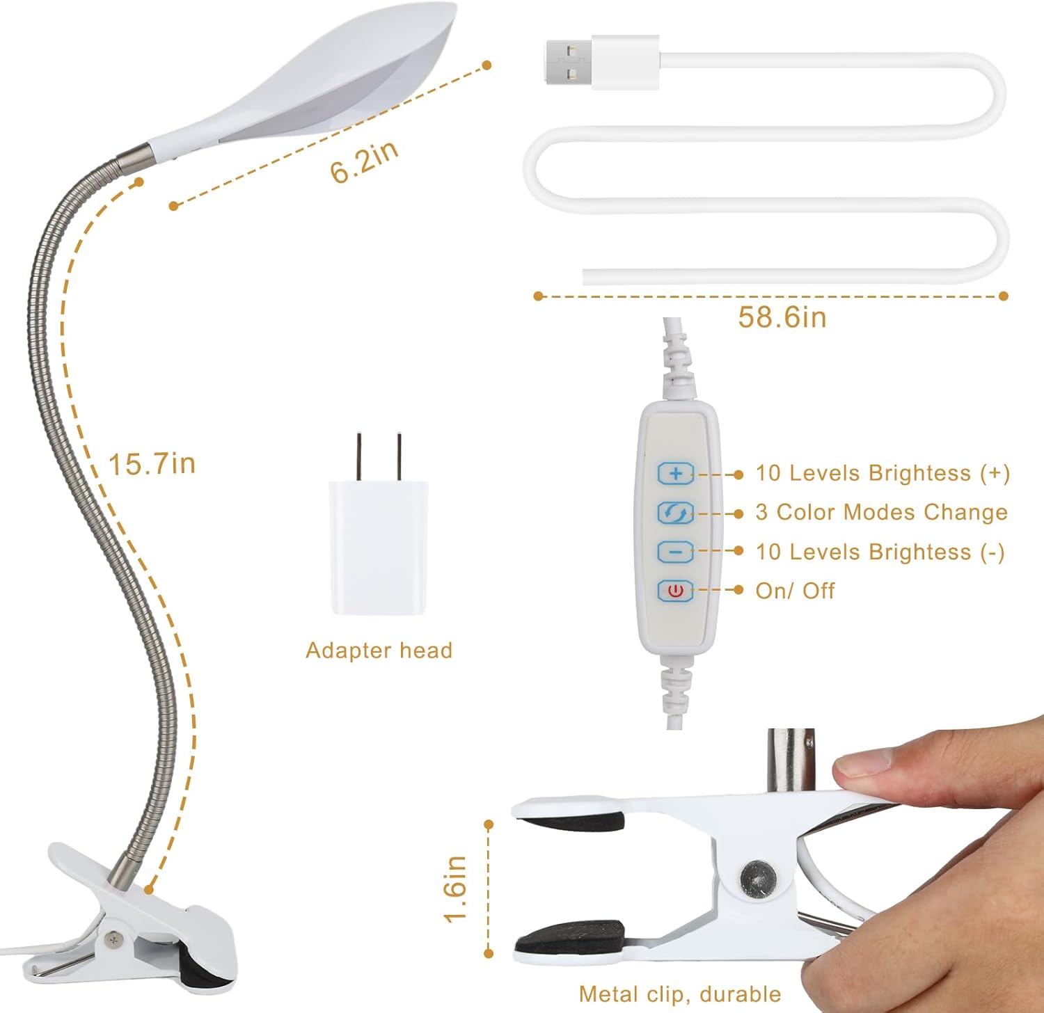 Lámpara de escritorio con abrazadera, luz de lectura con clip, 3 modos de color, 10 atenuadores de brillo, luz de lectura flexible de cuello de
