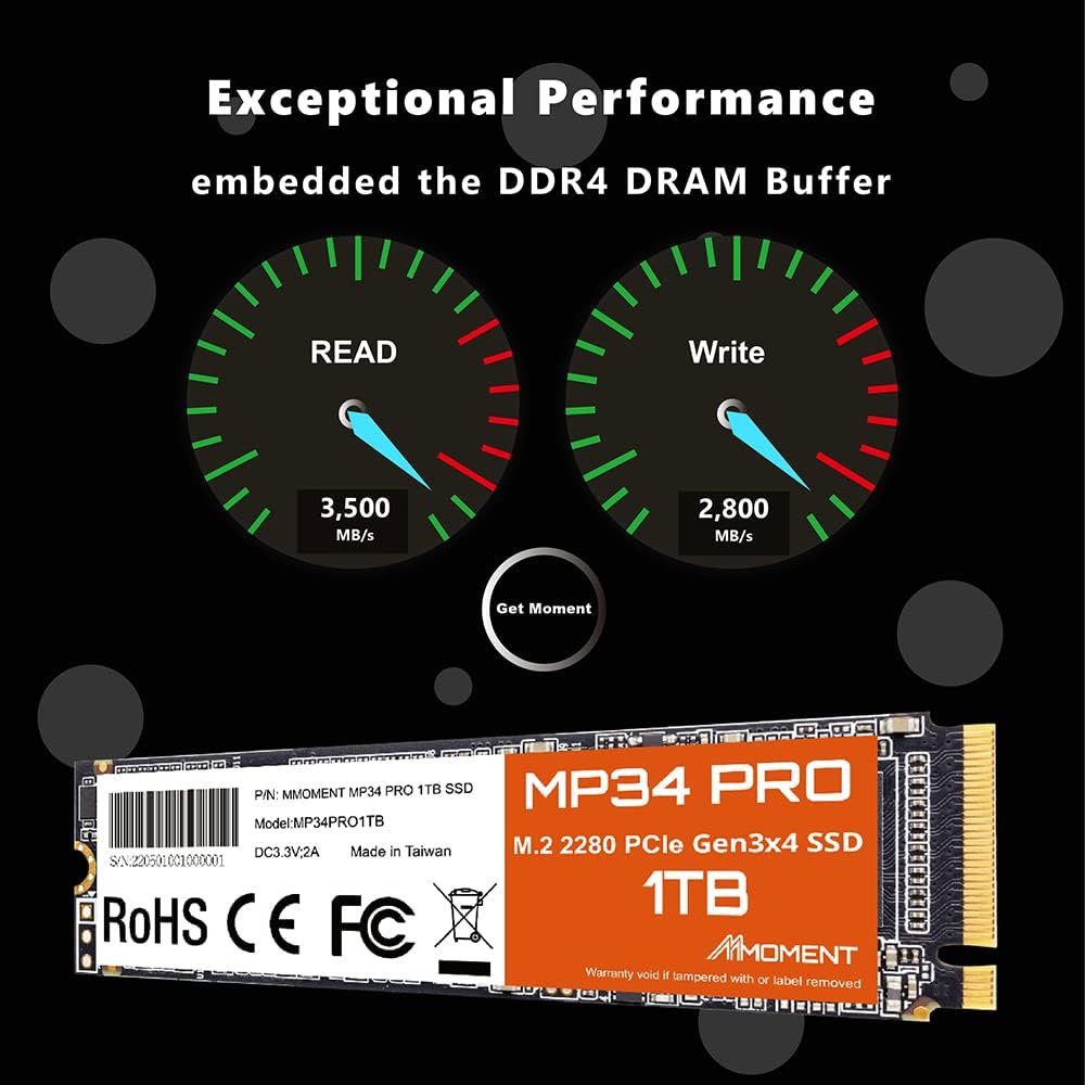 MMOMENT MP34 PRO – Unidad interna de estado sólido PCIe Gen3 NVMe M.2 2280, Gen3.0X4, velocidad de lectura de hasta 3500 MBs, para portátiles,