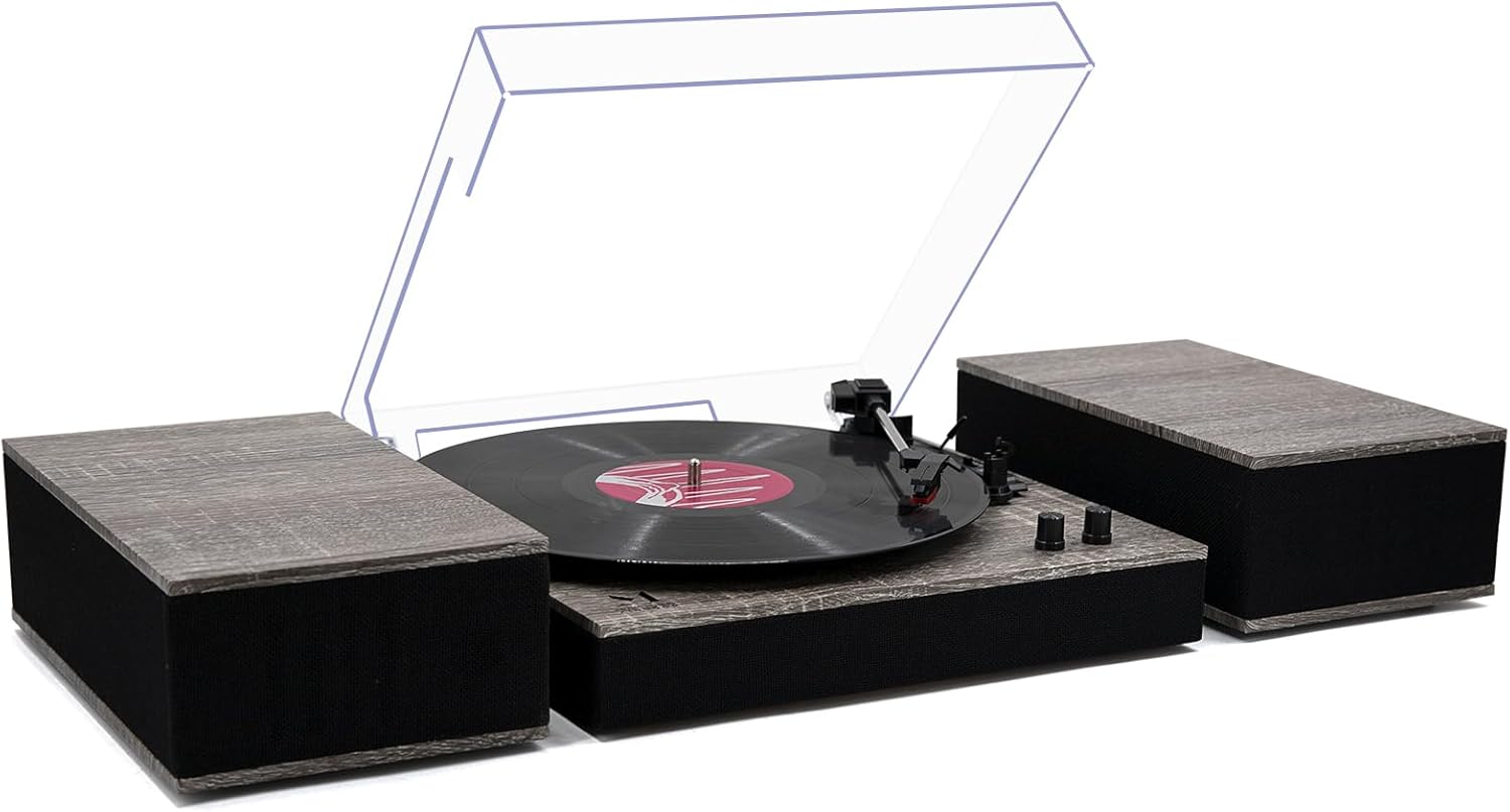MPK – Tocadiscos Bluetooth, sistema de alta fidelidad con altavoces de estantería, tocadiscos de vinilo de 3 velocidades con transmisión por correa