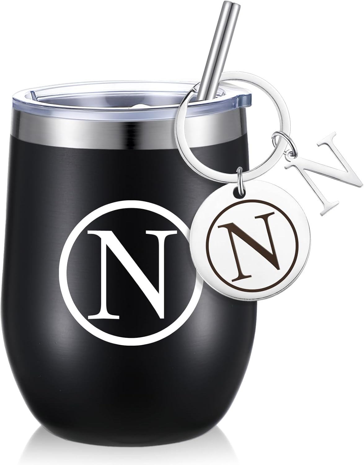 Dandat Vaso de vino personalizado con llavero personalizado, taza inicial de viaje de acero inoxidable negro de 12 onzas con tapa y popote para