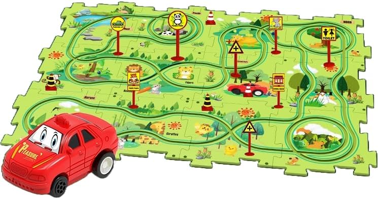 PowerTRC Rompecabezas de coche de ferrocarril de plástico con un coche y señales de carretera  Montessori educativo imaginativo aprendizaje