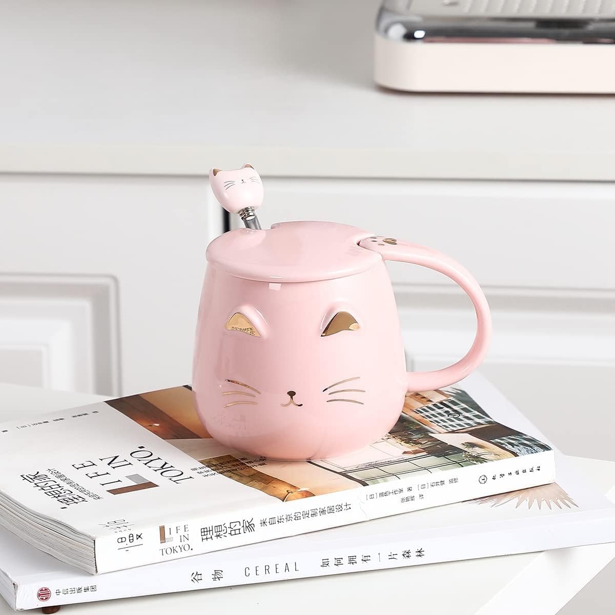 Taza de café con diseño de gato, regalo para los amantes de los gatos, taza de cerámica, taza novedosa con tapa y cuchara de acero inoxidable,