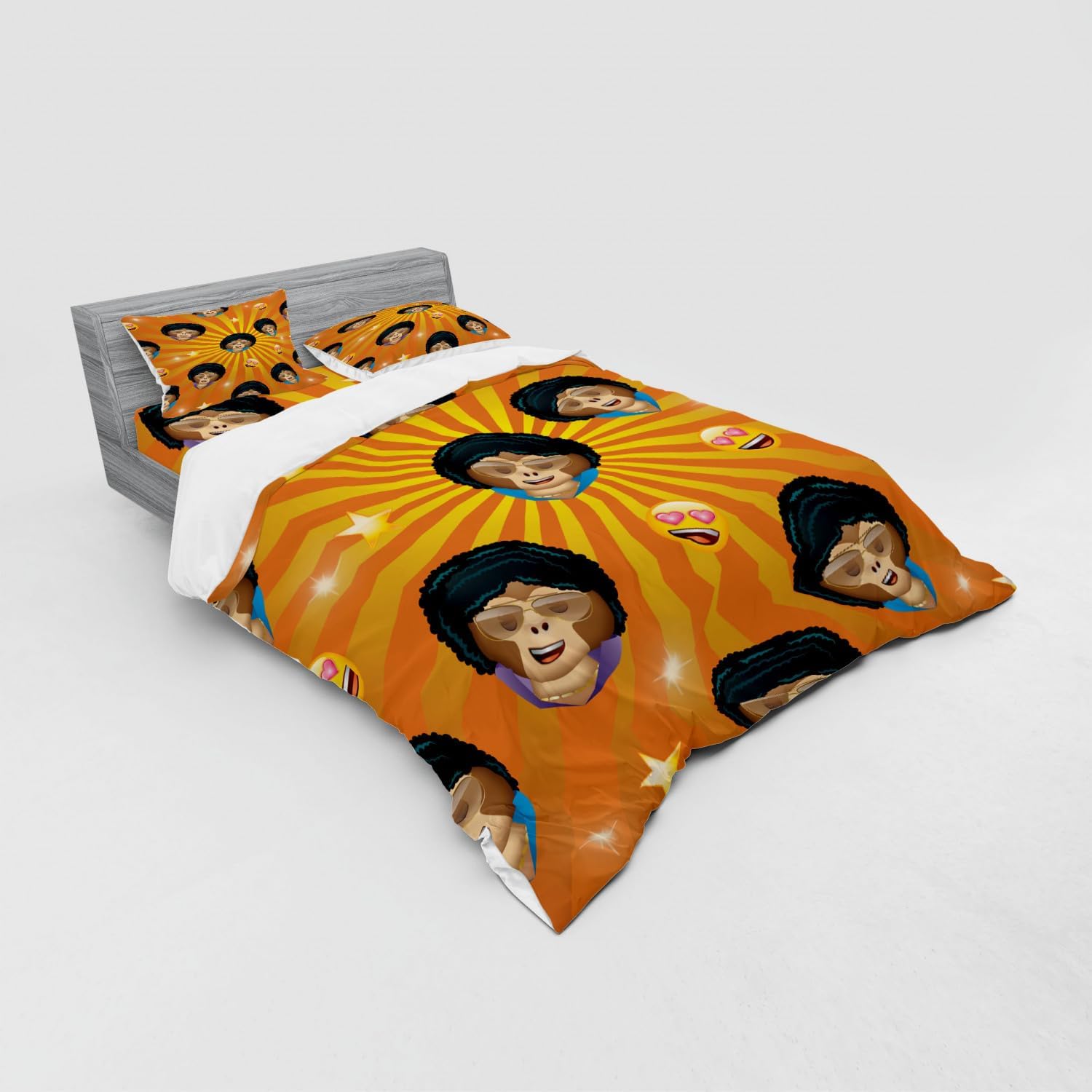 Ambesonne Emoji Duvet Cover Set, Cheery Disco Lover Monkey in Funny Retro Clothes 80s 70s Style Sunburst, 4 Piece Bedding Set with Shams and Fitted