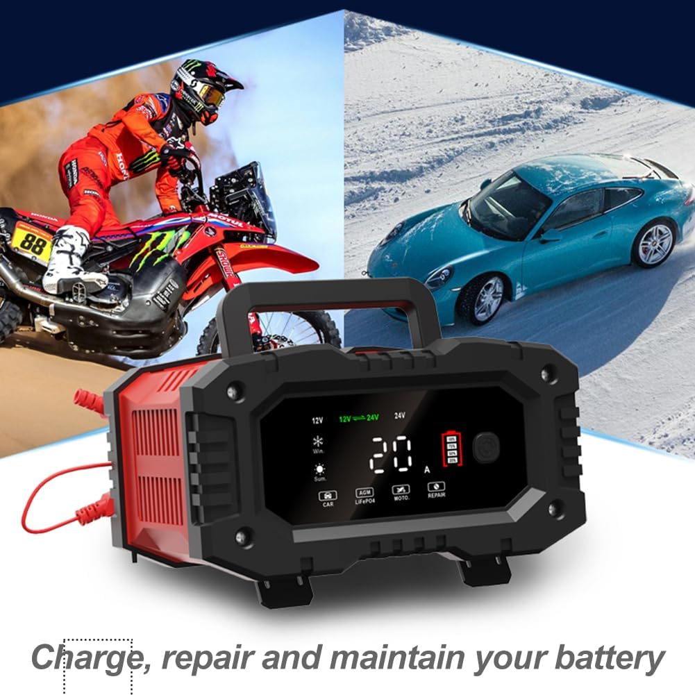 Cargador de batería de coche de 20 amperios, LiFePO4 de 12V20A y 24V10A, plomo ácido (AGMGelSLA), cargador inteligente automático de goteo