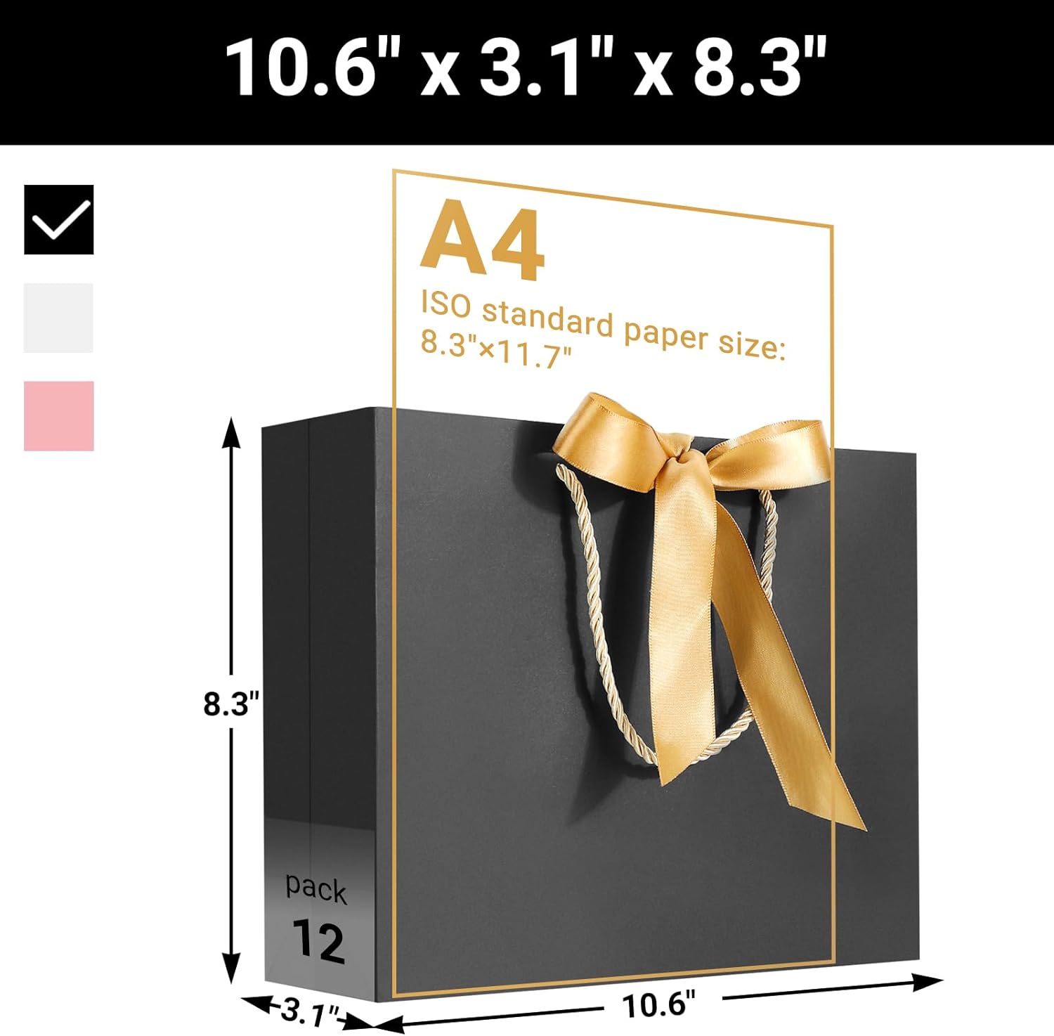 EUSOAR Bolsas de regalo con cinta, 12 bolsas de papel kraft negro de agradecimiento de 10.6 x 3.1 x 8.3 pulgadas, con asa de cinta de lazo, bolsas
