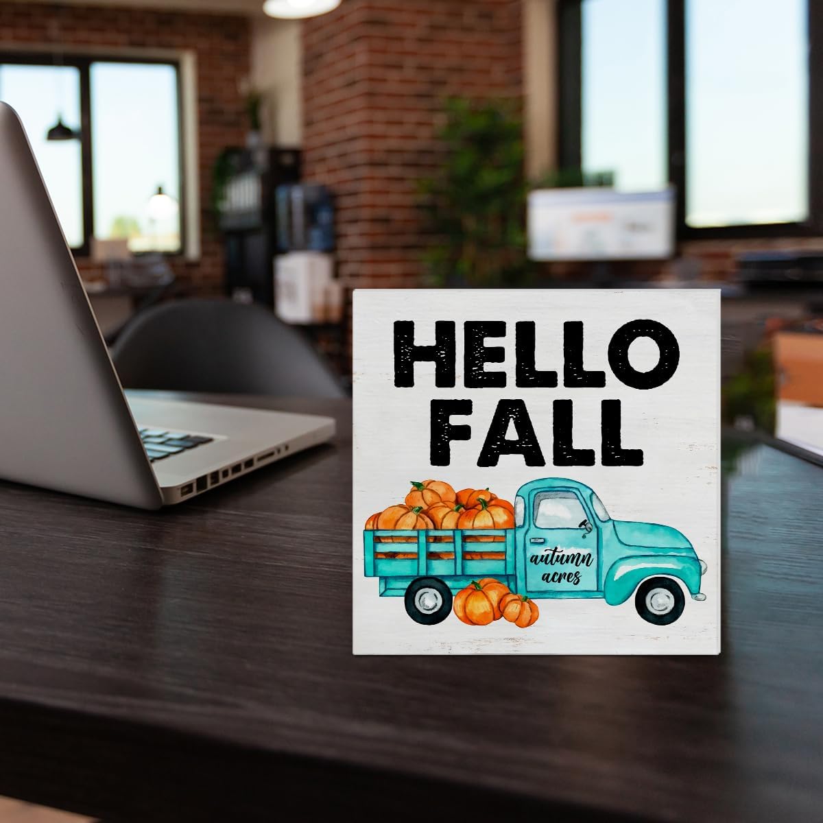 Cartel de madera de otoño para decoración del hogar, letrero cuadrado de madera con texto en inglés “Hello Fall”, letrero de madera para escritorio,