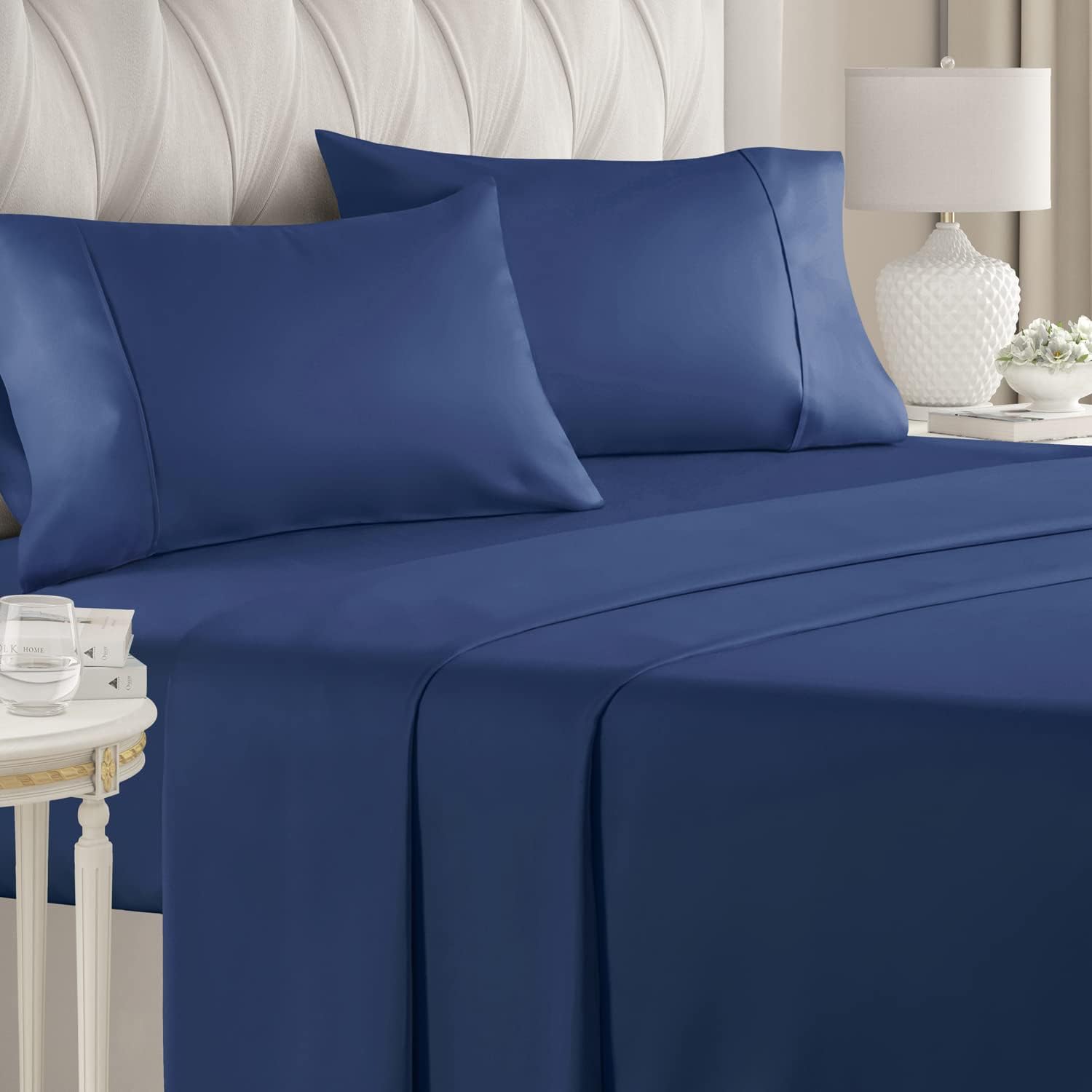 Juego de sábanas de lujo de 800 hilos de 4 piezas, color azul marino, 100% algodón, para cama corta tamaño Queen de una sola capa, hilos de algodón