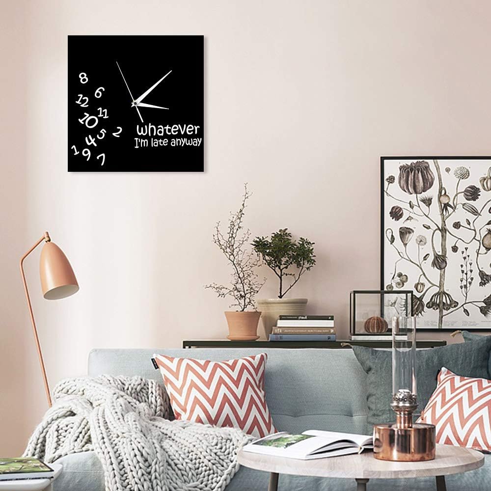 Whatever I’m Late Anyway – Reloj de pared cuadrado con números revueltos, divertido, moderno, silencioso, sin tictac, reloj de pared colgante para