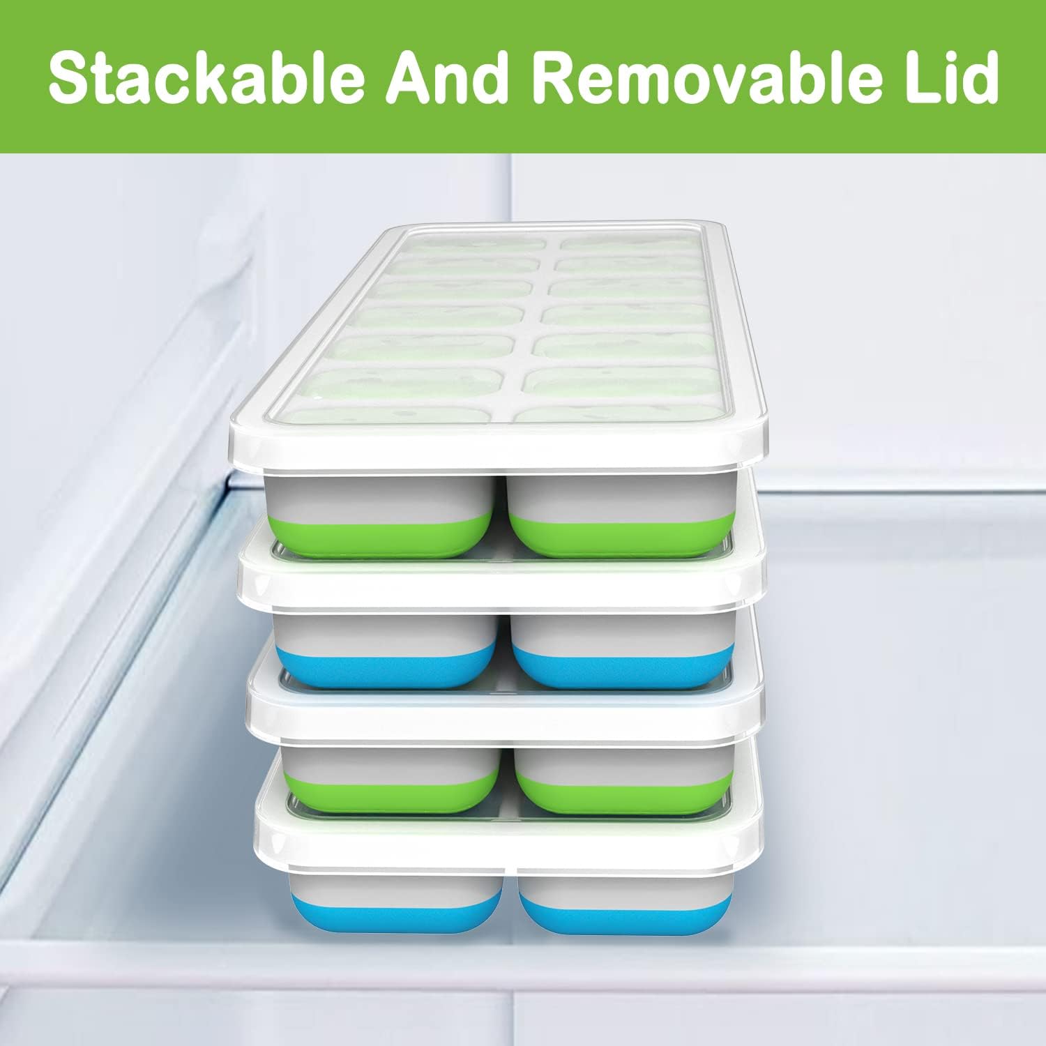 Bandejas de cubitos de hielo para congelador, bandeja de hielo de silicona, bandeja de hielo de fácil liberación con tapa apilable y resistente a