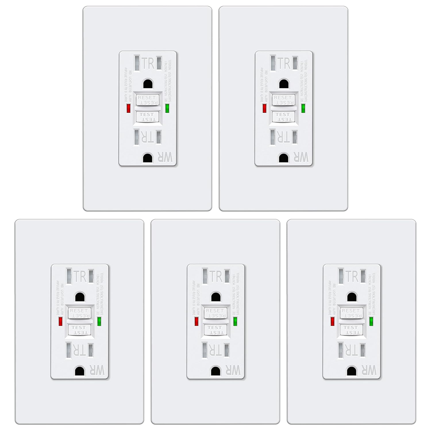 ELECTECK Paquete de 5 salidas GFCI de 15 amperios, resistentes a la intemperie al aire libre (WR), receptáculos GFI de autoprueba con indicador LED,