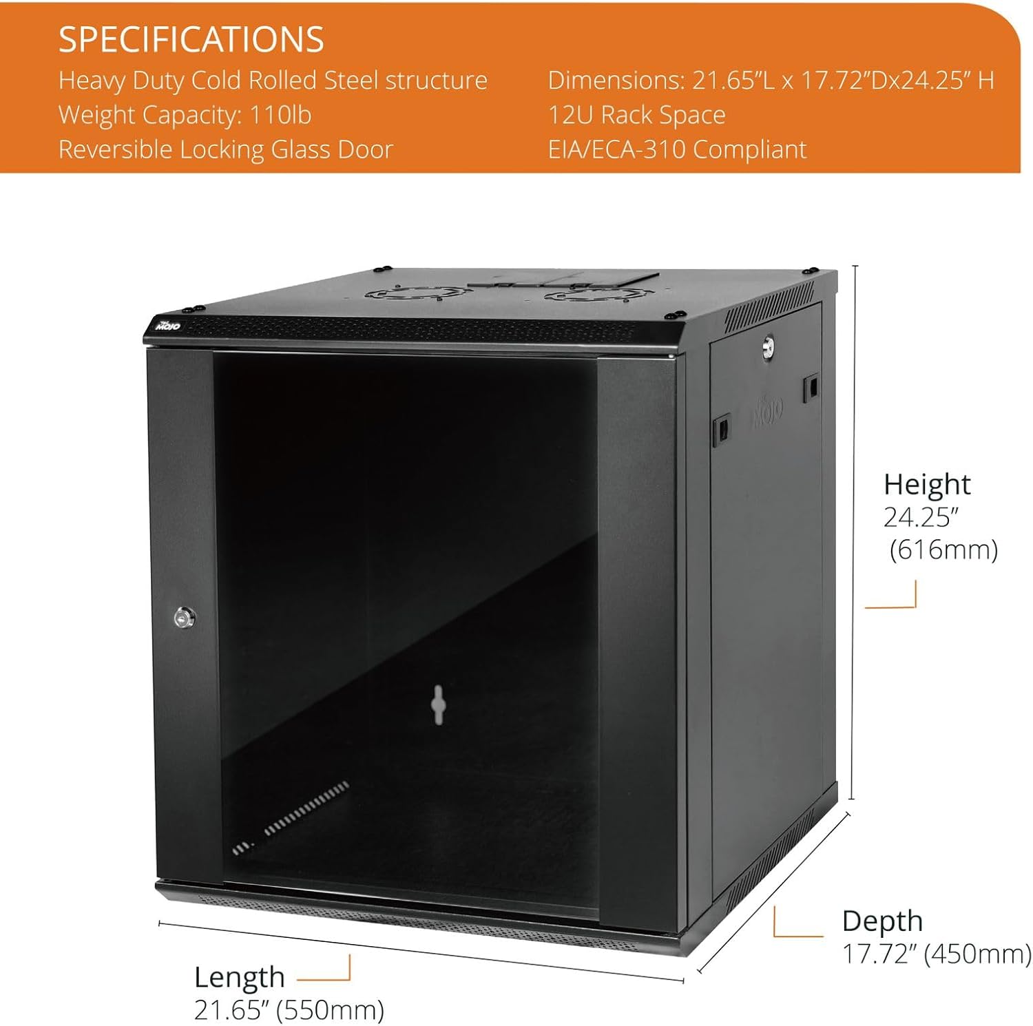Gabinete de servidor de montaje en pared Gabinete de rack de red de TI con cerradura Puerta y paneles laterales negro (negro, puerta estándar de