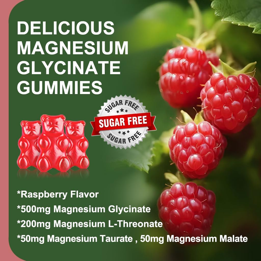 Gomitas de glicinato de magnesio sin azúcar, 500 mg de glicinato de magnesio con 200 mg de L-treonato de magnesio, taurato, malato, COQ10, vitamina