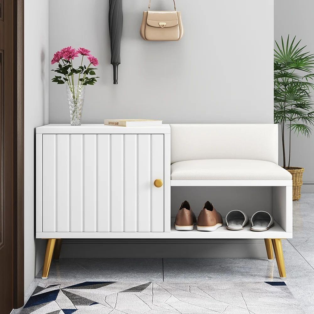 homary Banco moderno para zapatos con almacenamiento, banco de almacenamiento de entrada con asiento tapizado (blanco)