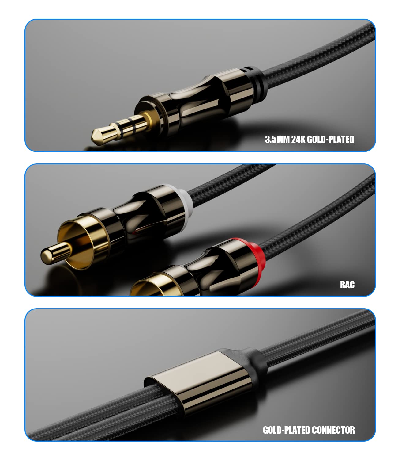Cable de 0.138 in a 2RCA, adaptador de conector macho a macho, nailon trenzado de 18 a RCA, cable Y de audio chapado en oro, para teléfonos