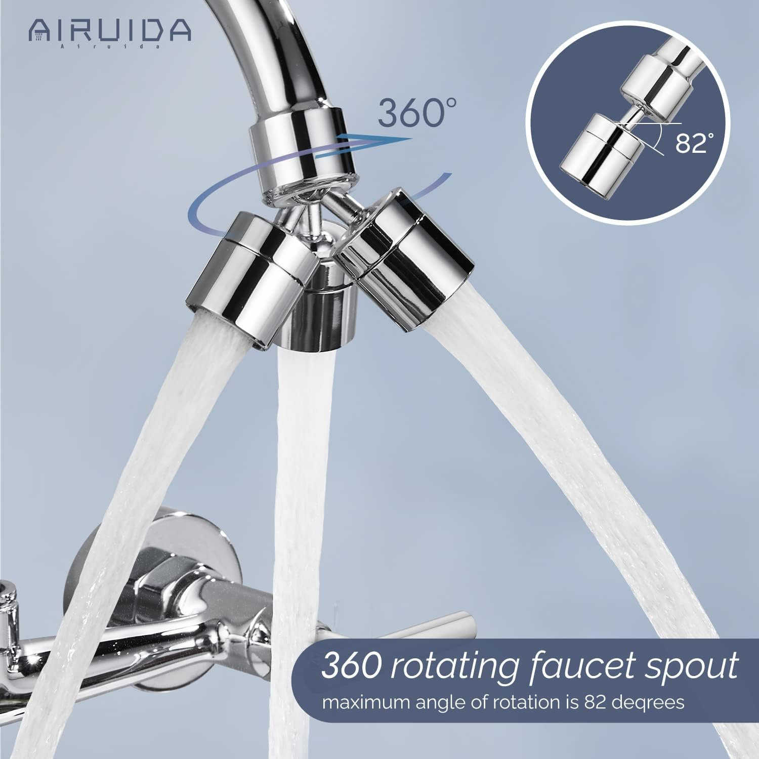 Airuida Grifo de fregadero de cocina de montaje en pared cromado de 8 pulgadas, centro de doble mango, montaje en pared, grifo de fregadero de