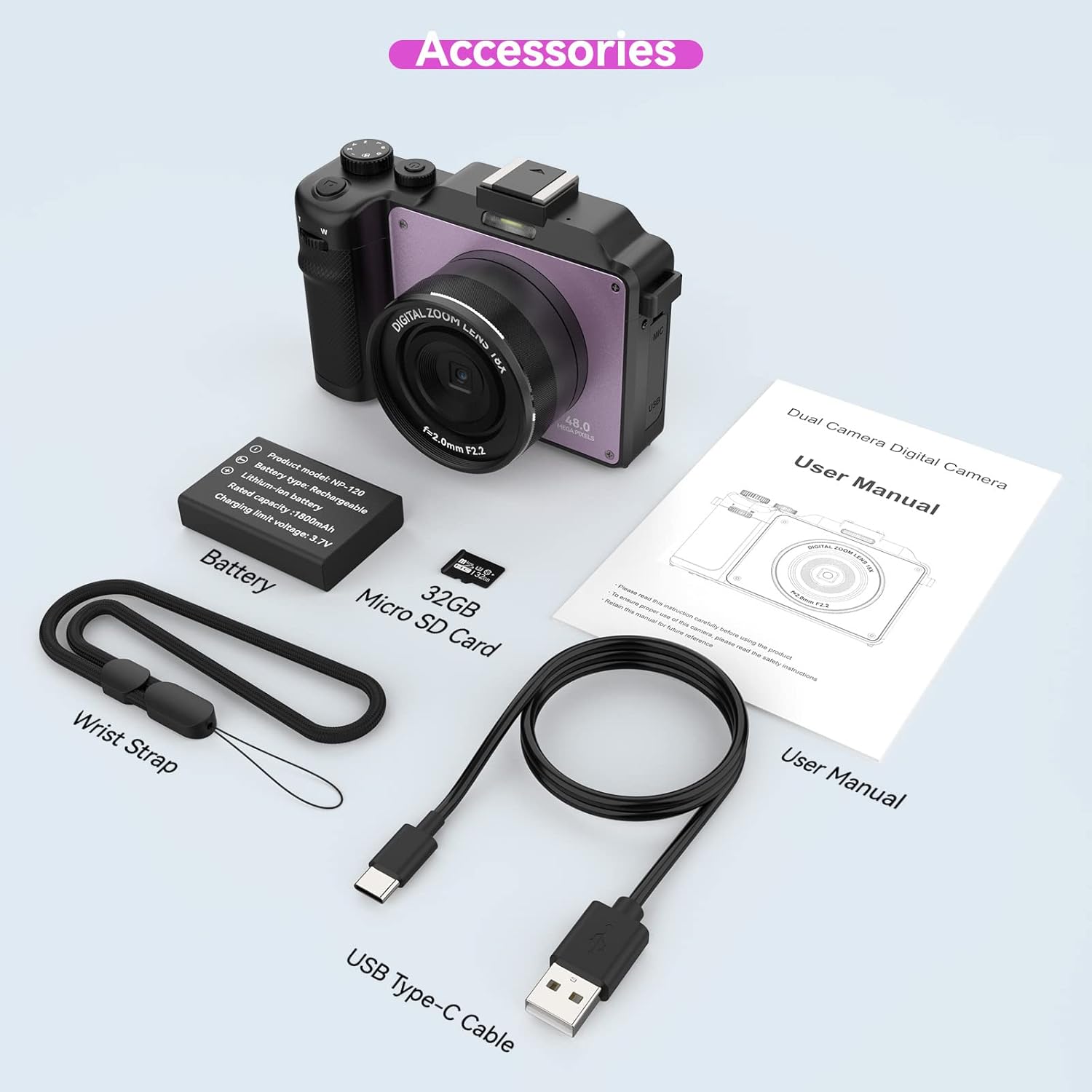 Cámara de 48MP para fotografía, cámara digital 4K para niños y adultos con cámaras duales delanteras y traseras, zoom digital de 18X, filtros de