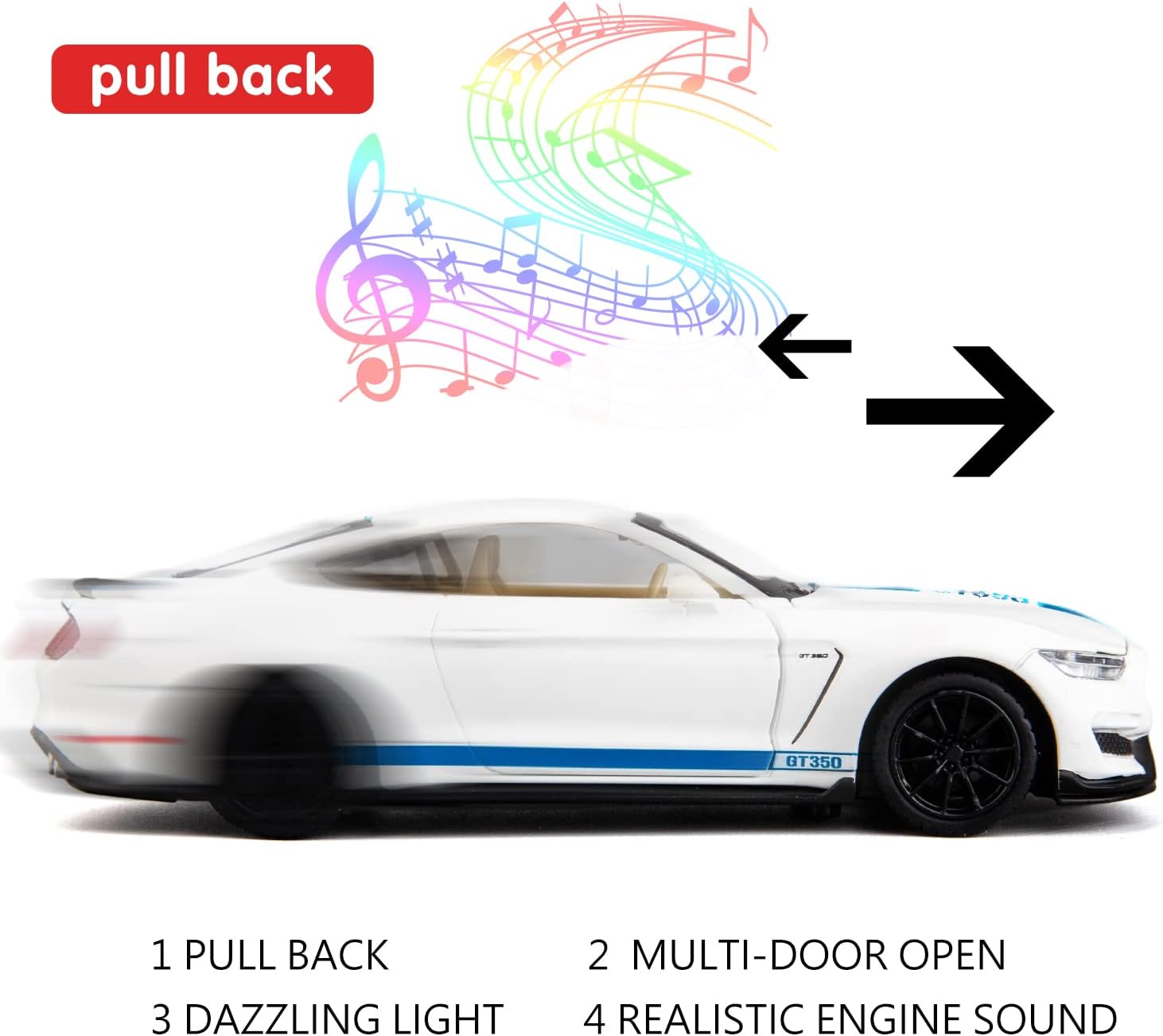 WAKAKAC 132 Modelo de coche fundido a troquel Shelby GT350 vehículo de juguete tire hacia atrás coche de juguete con sonido y luz para niños niñas