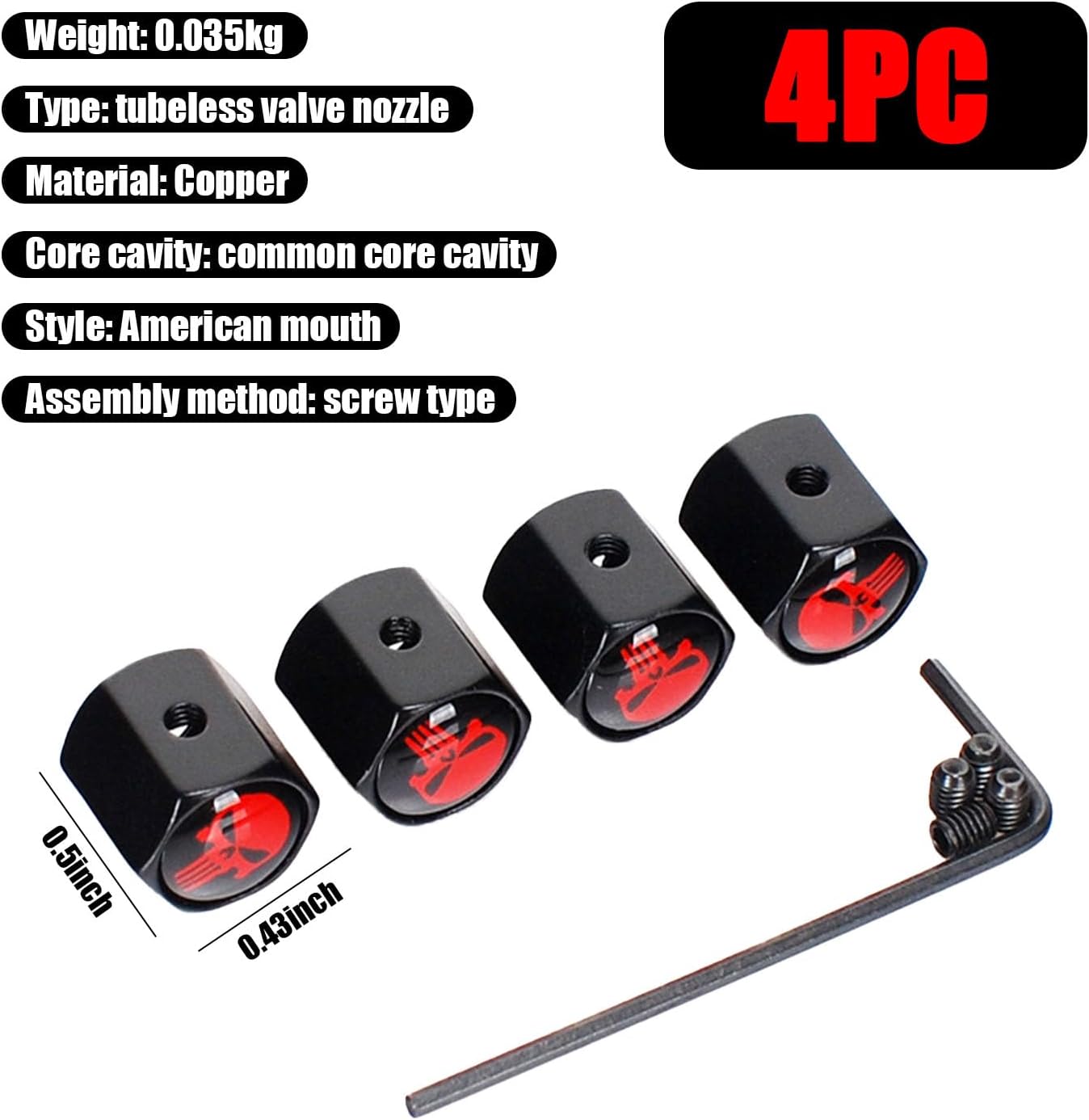 Fogfar 4 tapas de válvula de neumático de automóvil, cubierta antirrobo de vástago de válvula de calavera con herramientas, universales para la