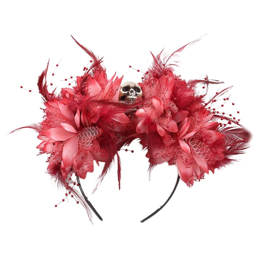 Lurrose Diademas para disfraz de Halloween, diseño de calavera y plumas de flores, corona de flores mexicanas, Dia de Los Muertos, diadema de rosas